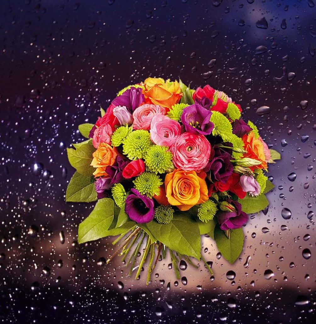 floral arrangement, rain-speckled window, night, SD Phone Wallpaper