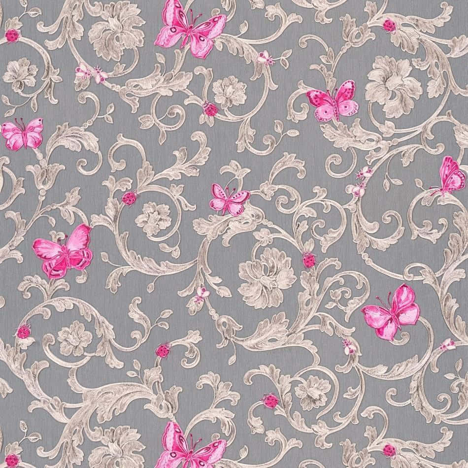gray background, pink butterflies, silver floral vines, SD Desktop Wallpaper