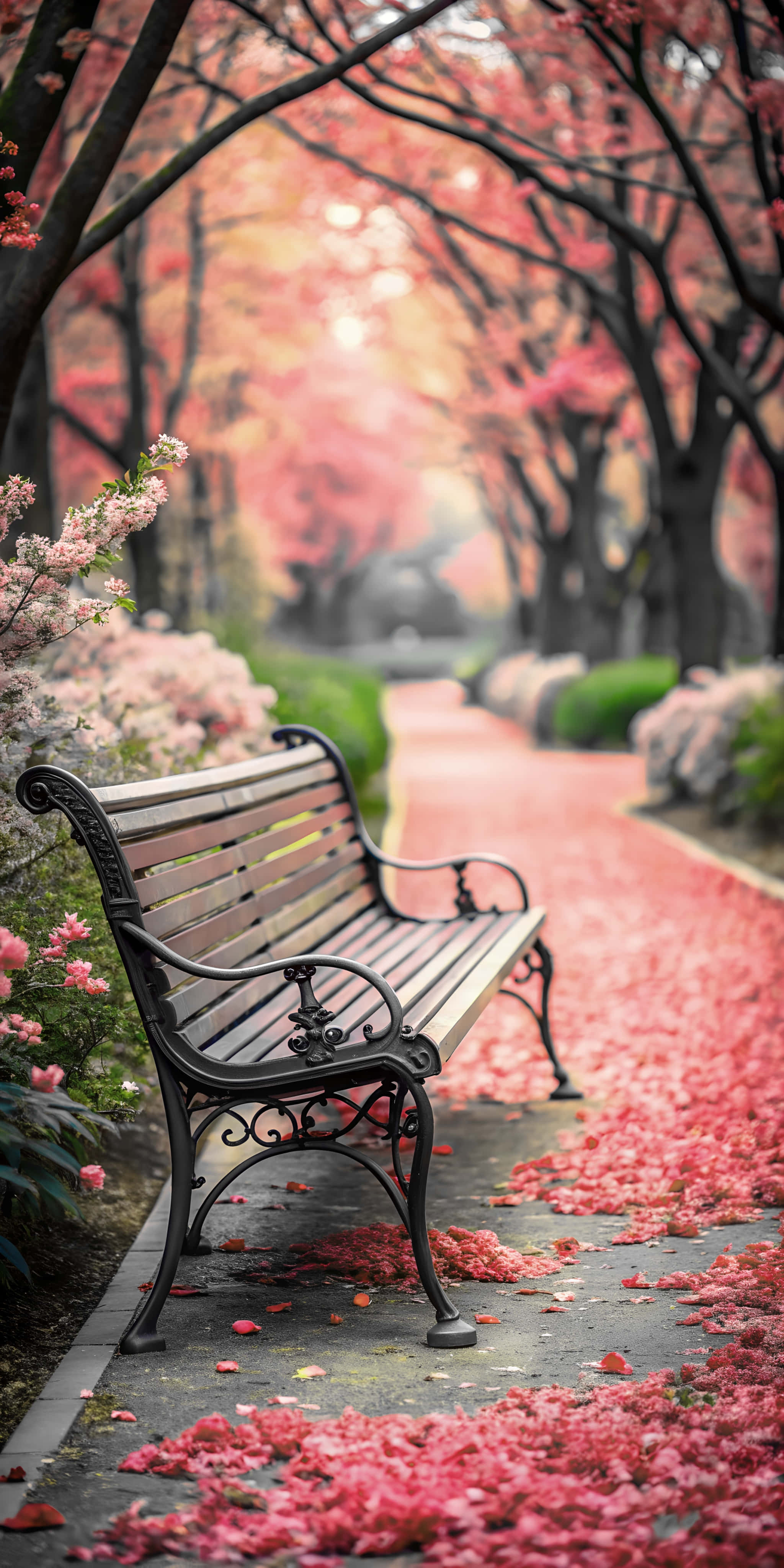pink cherry blossoms, wooden bench, ornate black metal frame, 4K Phone Wallpaper