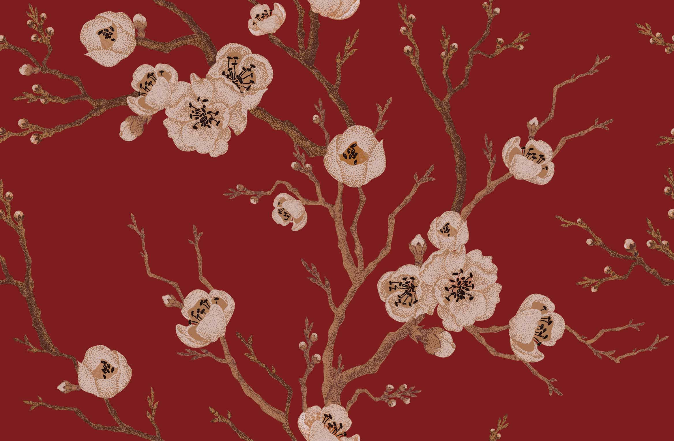 floral art, cream blossoms, buds, Full HD Desktop Wallpaper