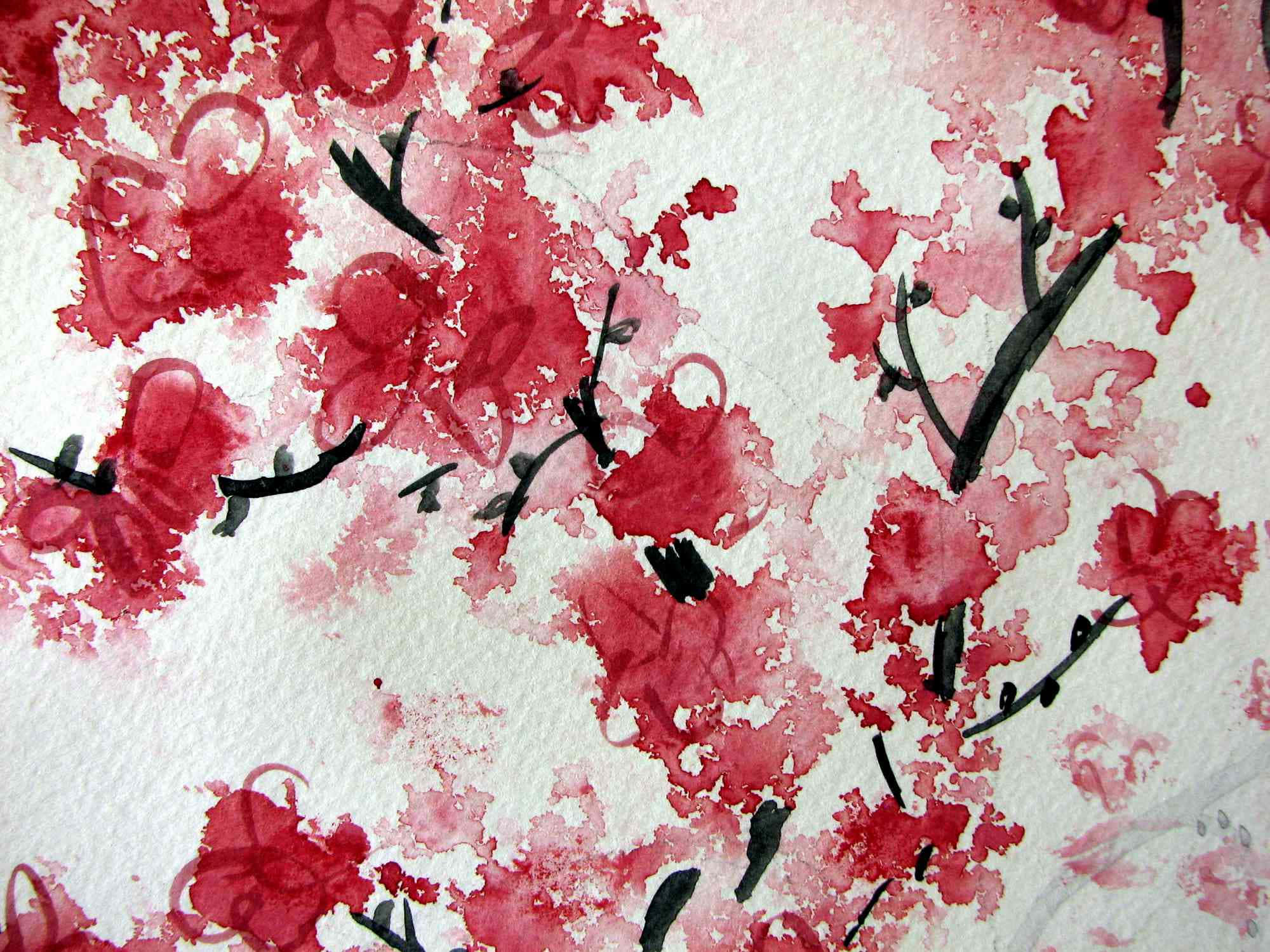 floral art, red watercolor, white paper, Full HD Desktop Wallpaper