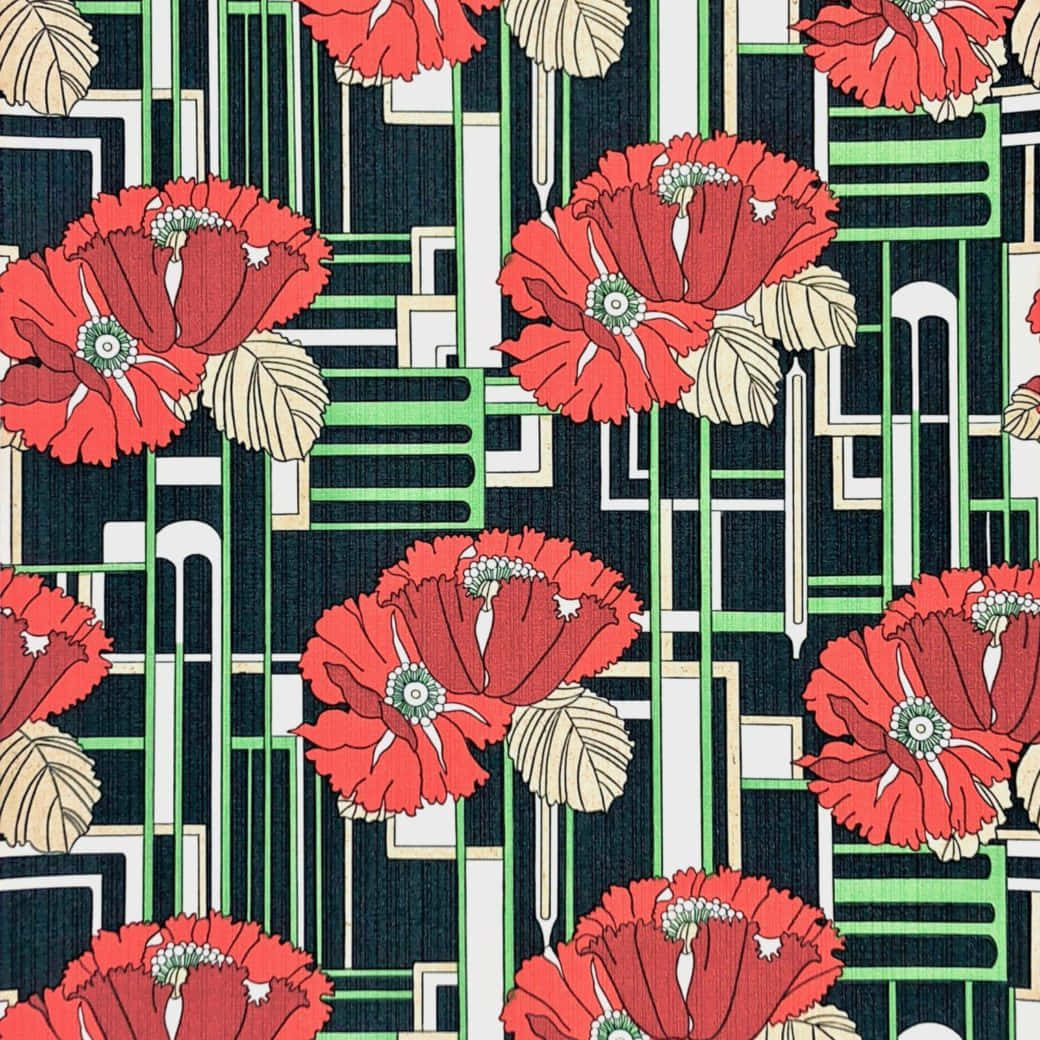 floral art, red poppies, cream leaves, SD Desktop Wallpaper