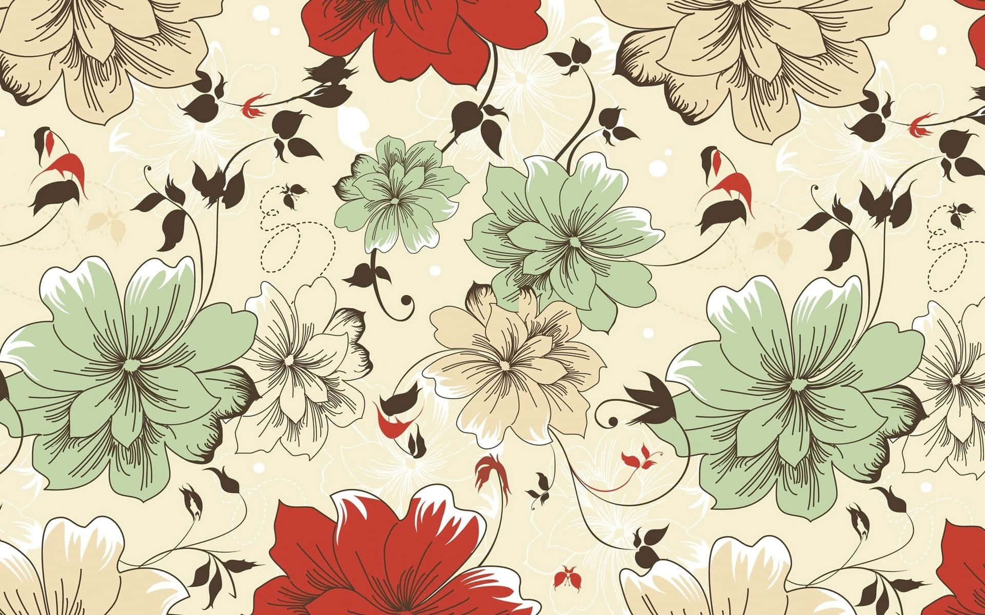 floral art, vintage floral wallpaper pattern, red green and cream flowers, Full HD Desktop Wallpaper