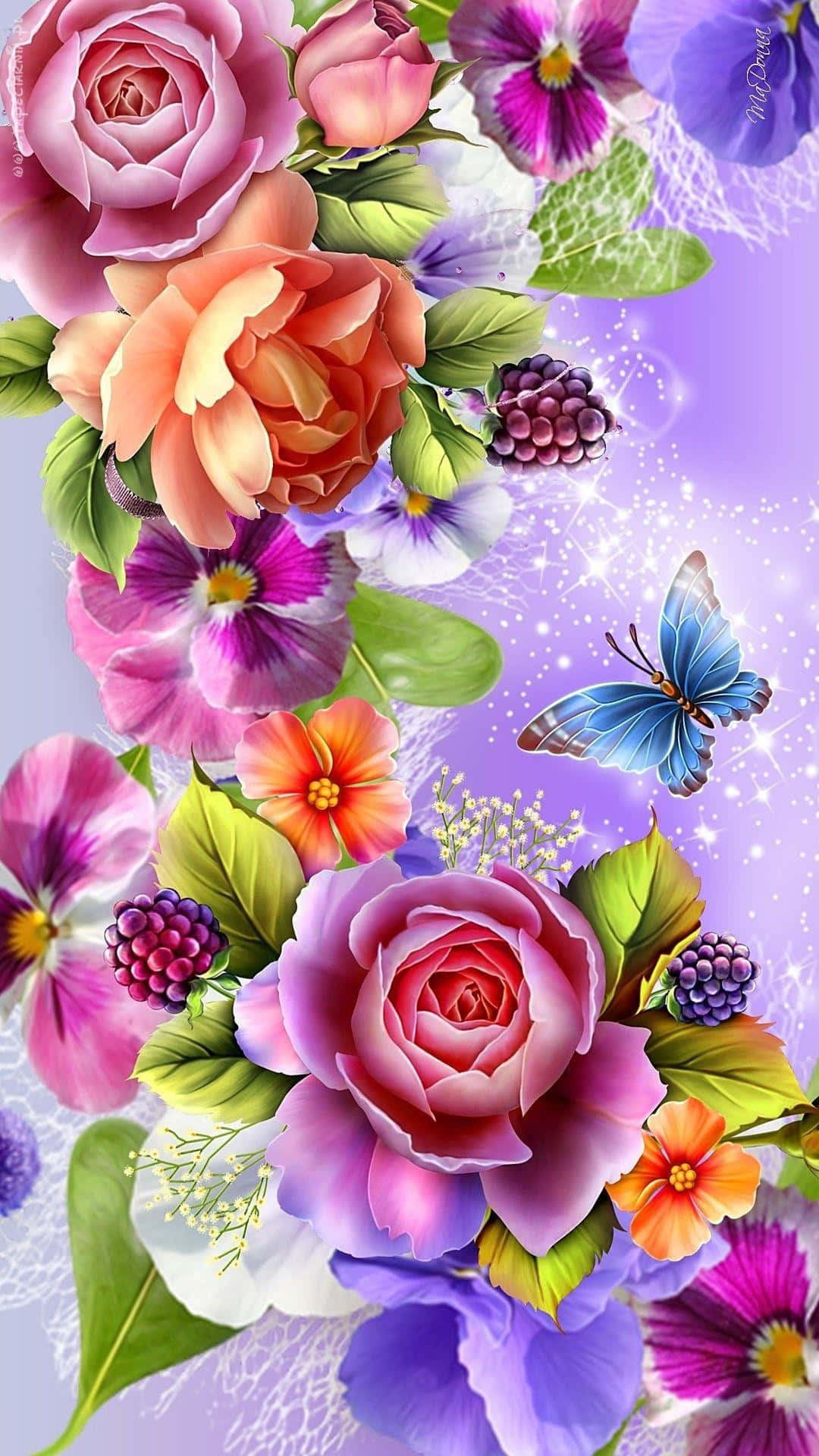 pink roses, purple pansies, berries, Full HD Phone Wallpaper