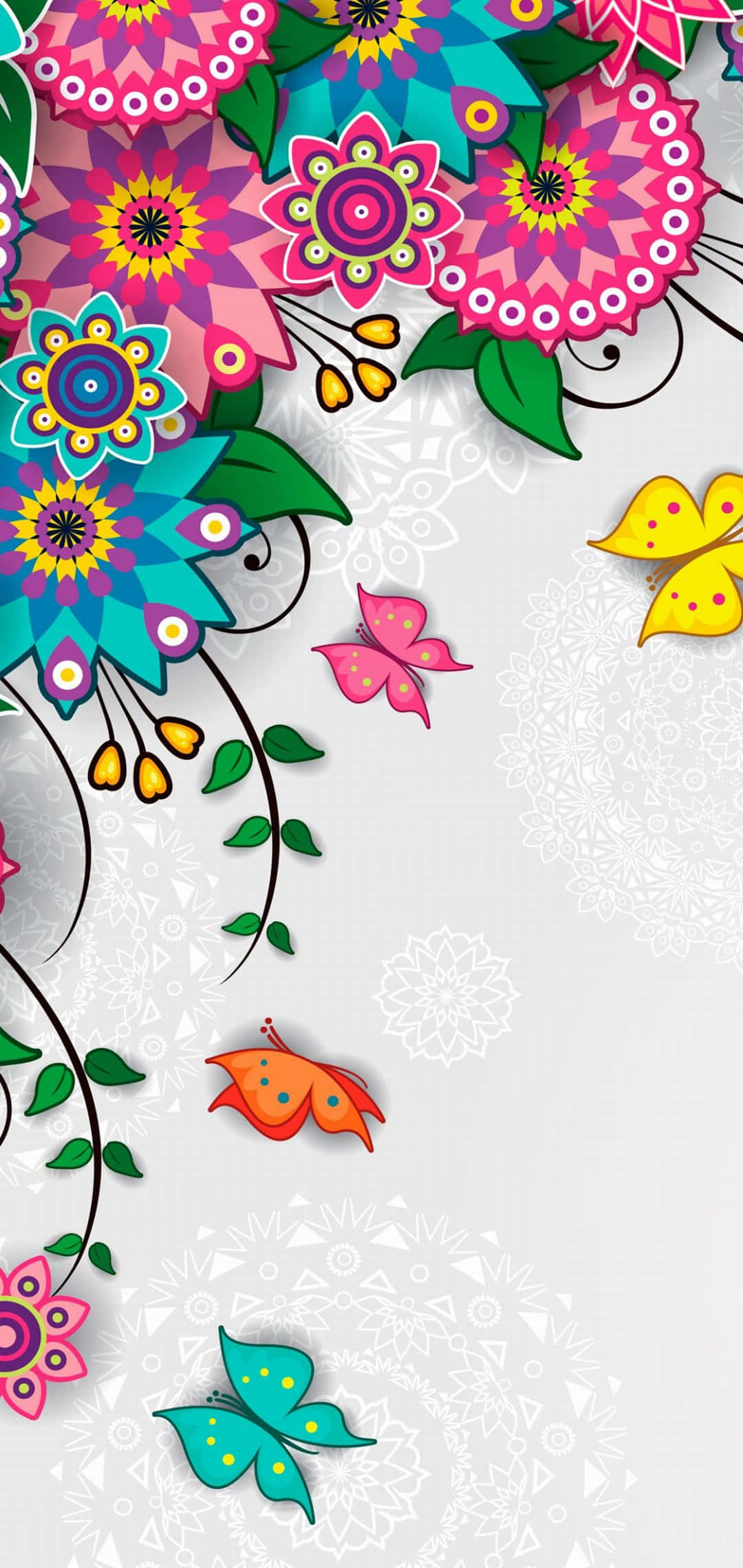floral art, light gray background, mandala patterns, Full HD Phone Wallpaper