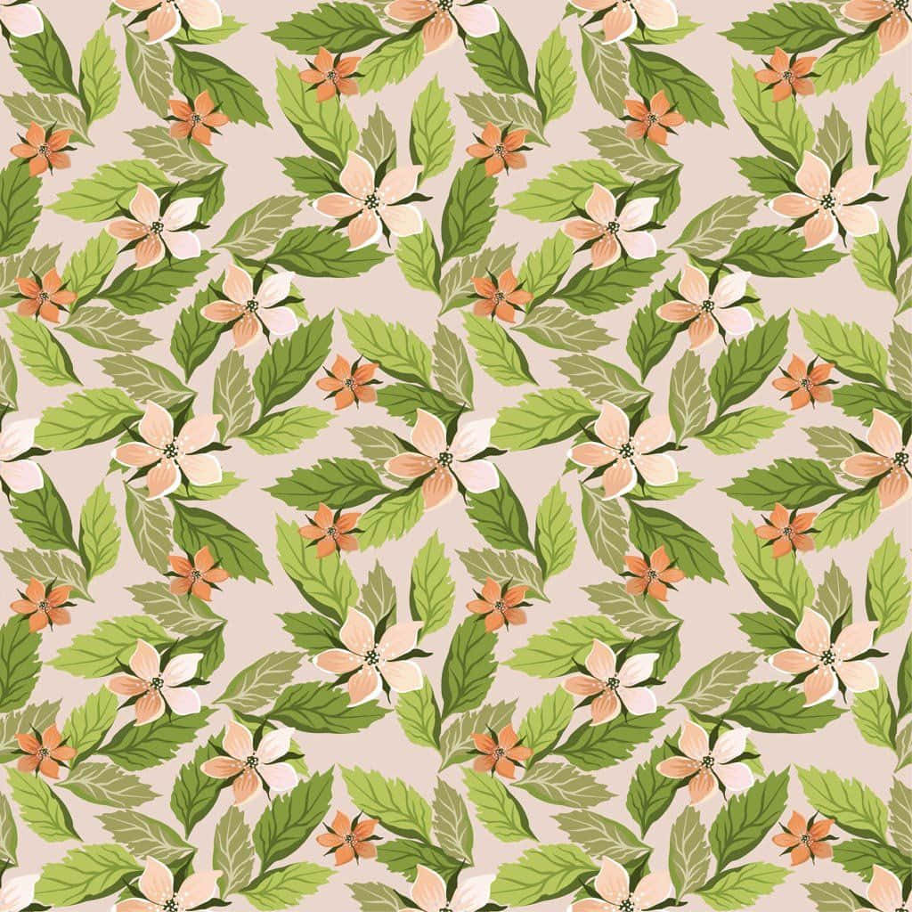 floral art, green leaves, peach white flowers, SD Desktop Wallpaper