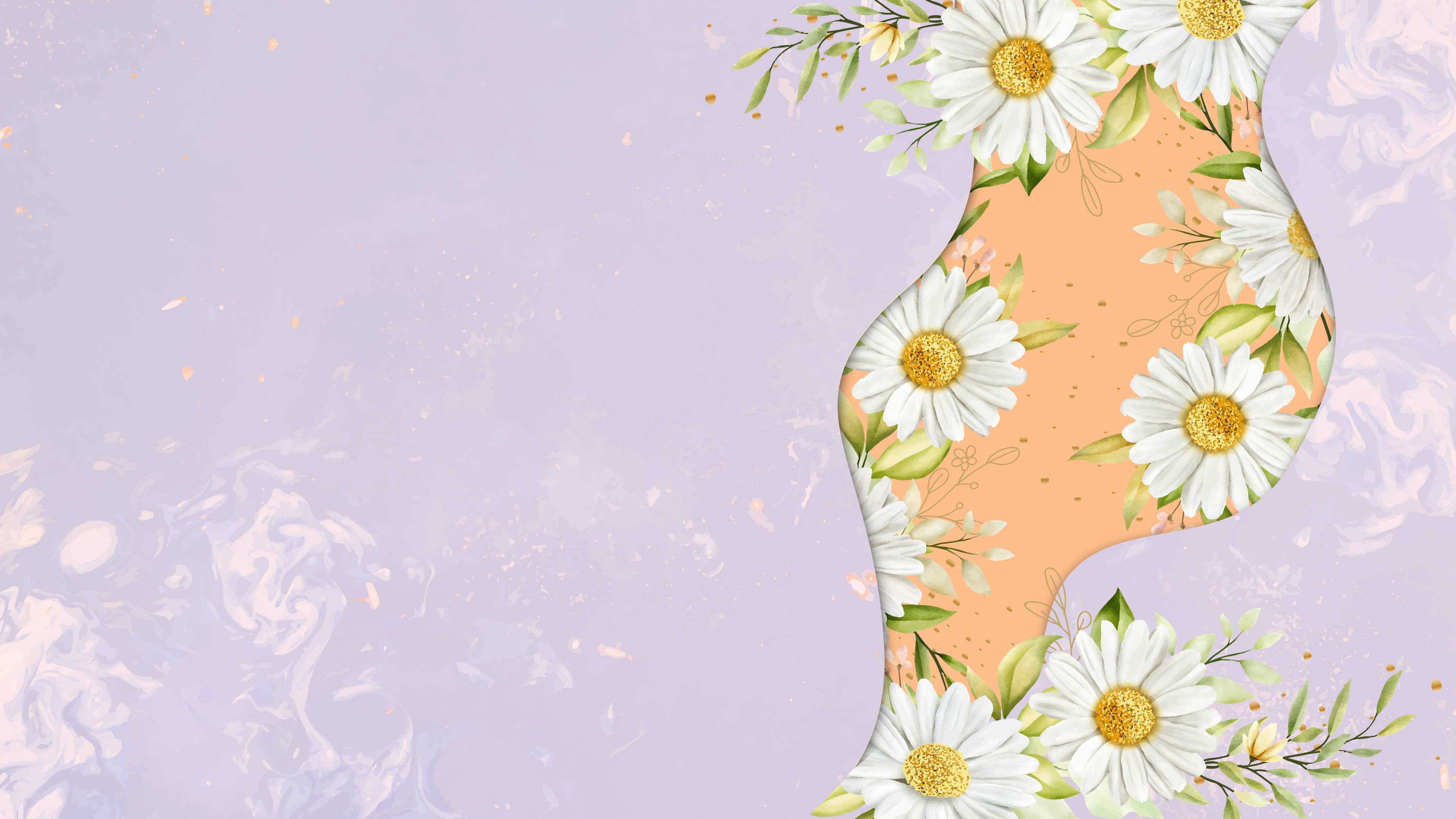 lavender background, wavy floral border, white daisies, 4K Desktop Wallpaper