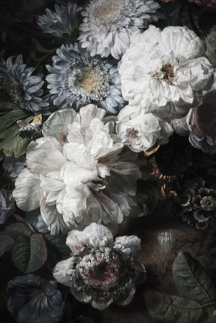 dark floral artwork, wilting white and gray flowers, dark leaves, SD Phone Wallpaper