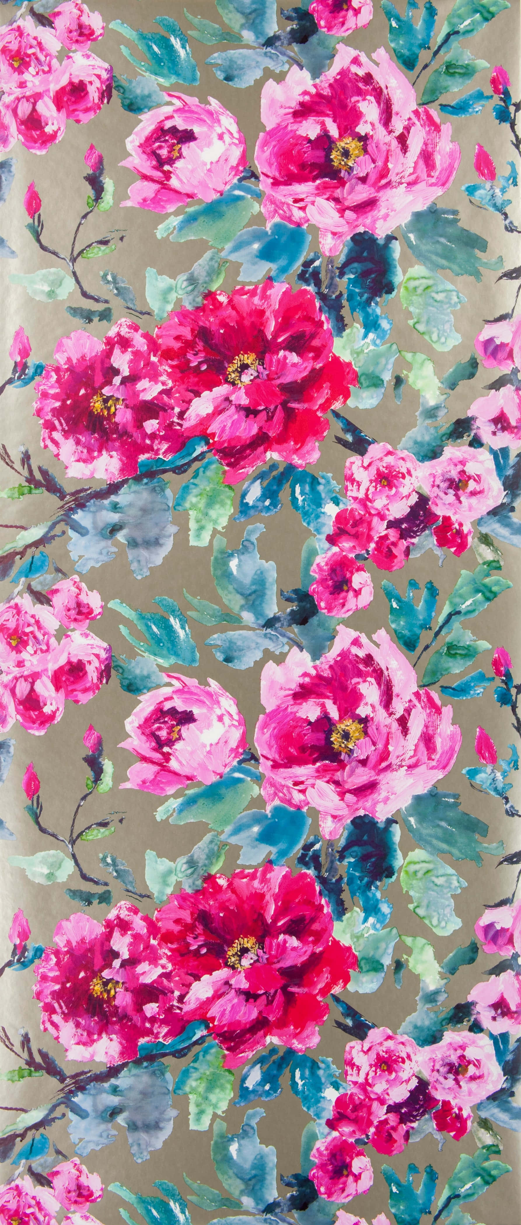 floral art, pink peonies, teal leaves, 4K Phone Wallpaper