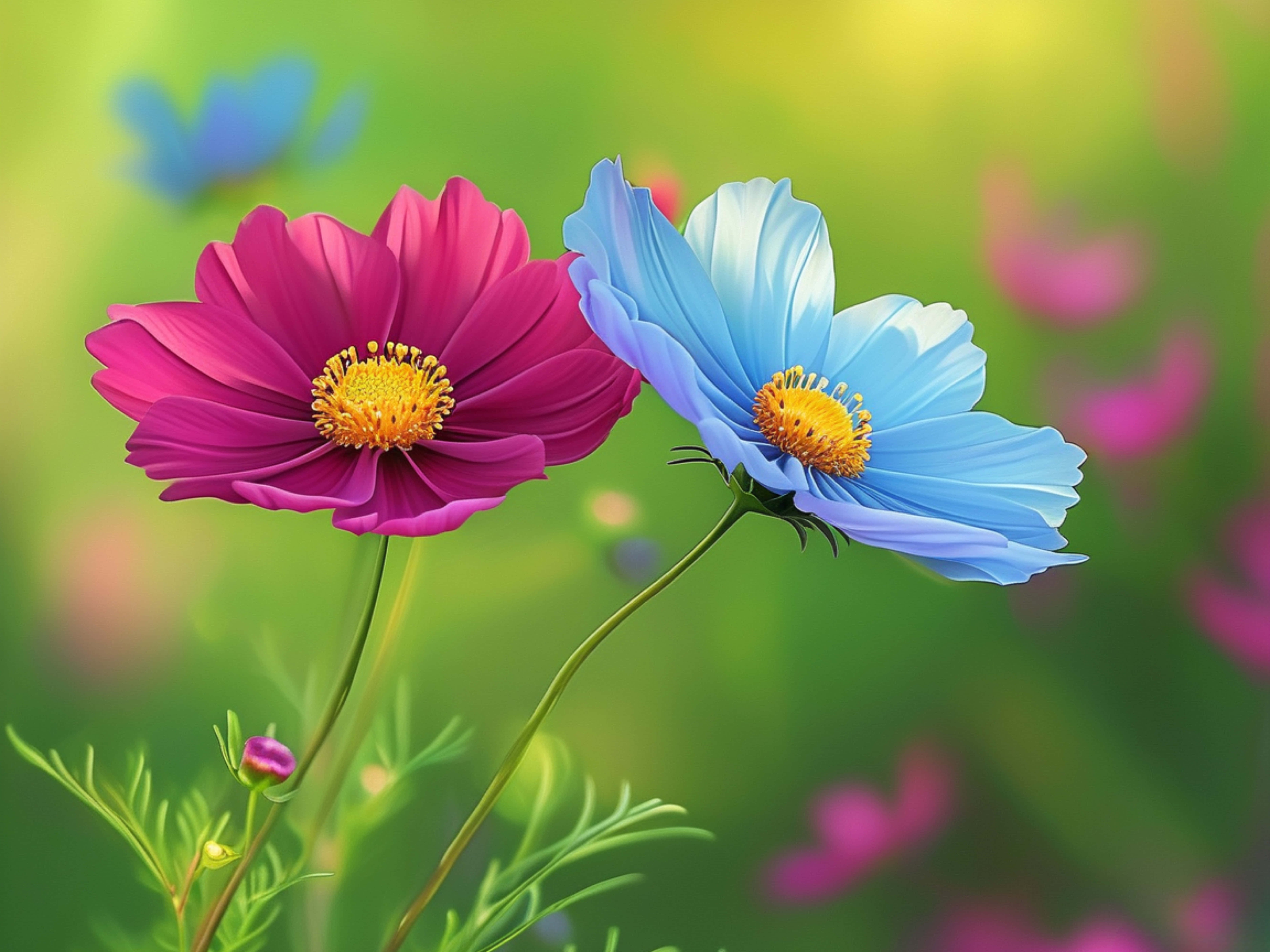 cosmos flowers, blue cosmos flower, purple cosmos flower, 5K Desktop Wallpaper