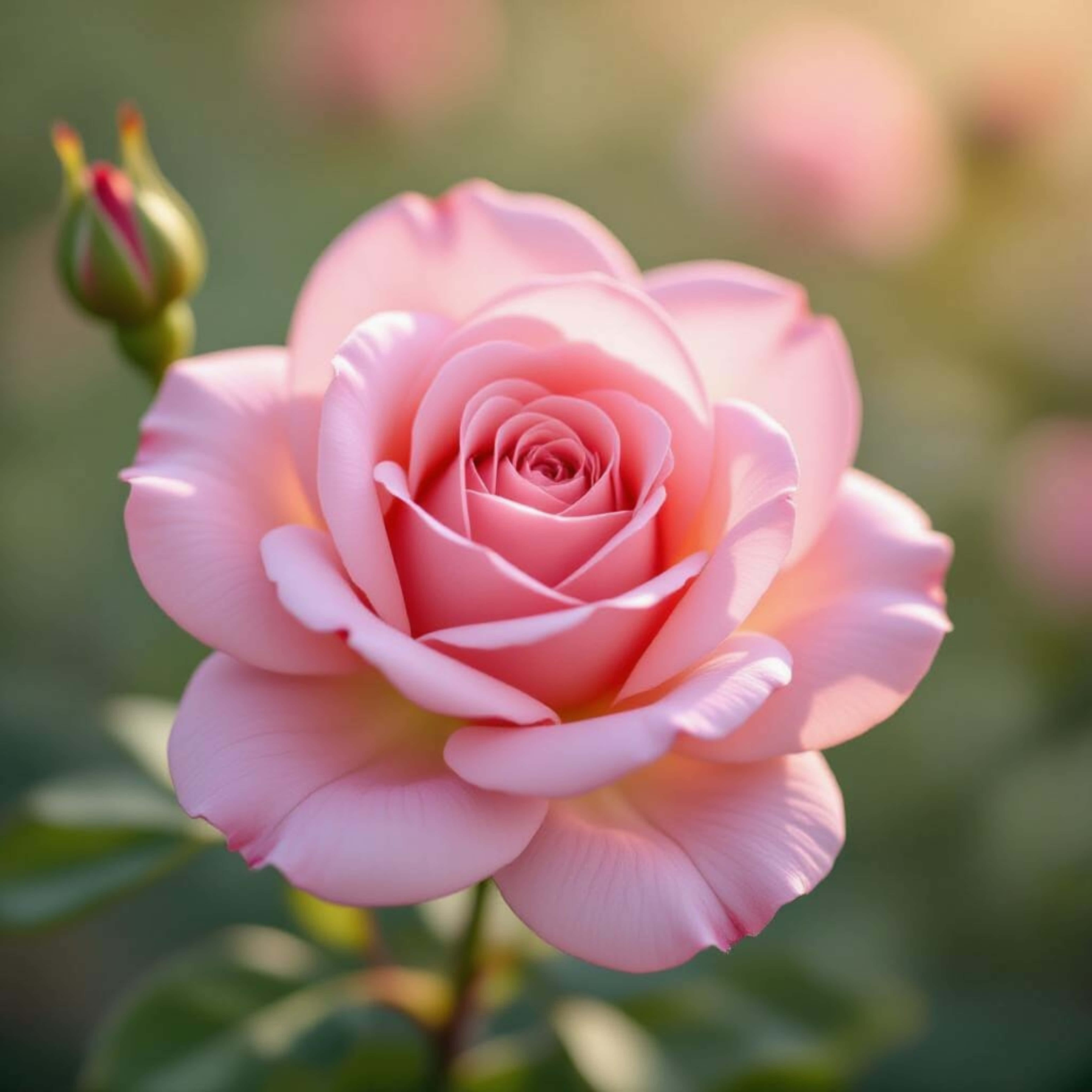 light pink rose, delicate layered petals, green bud, 5K Desktop Wallpaper
