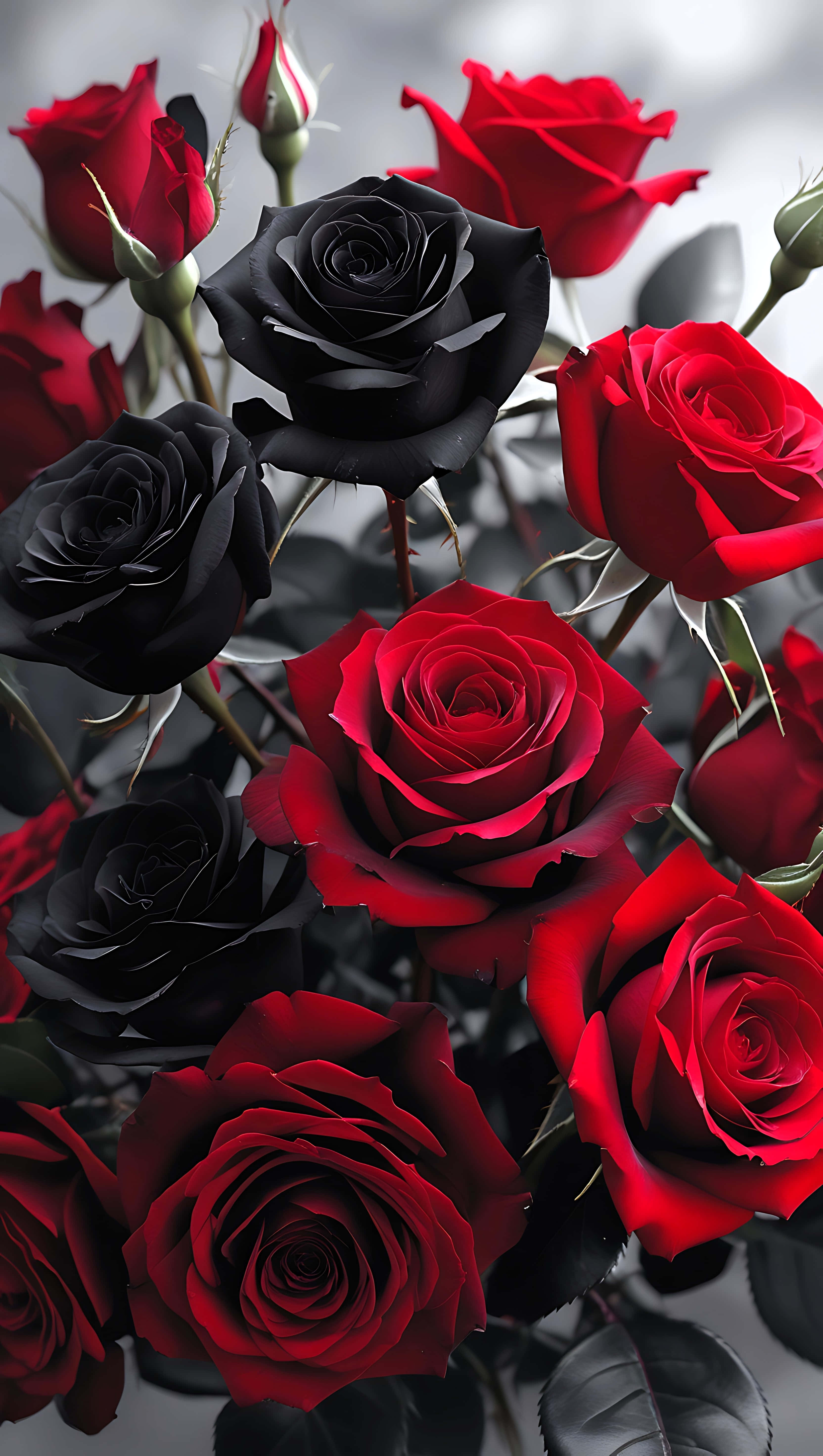 black and red rose mix, glossy petals, thorny stems, 5K Phone Wallpaper