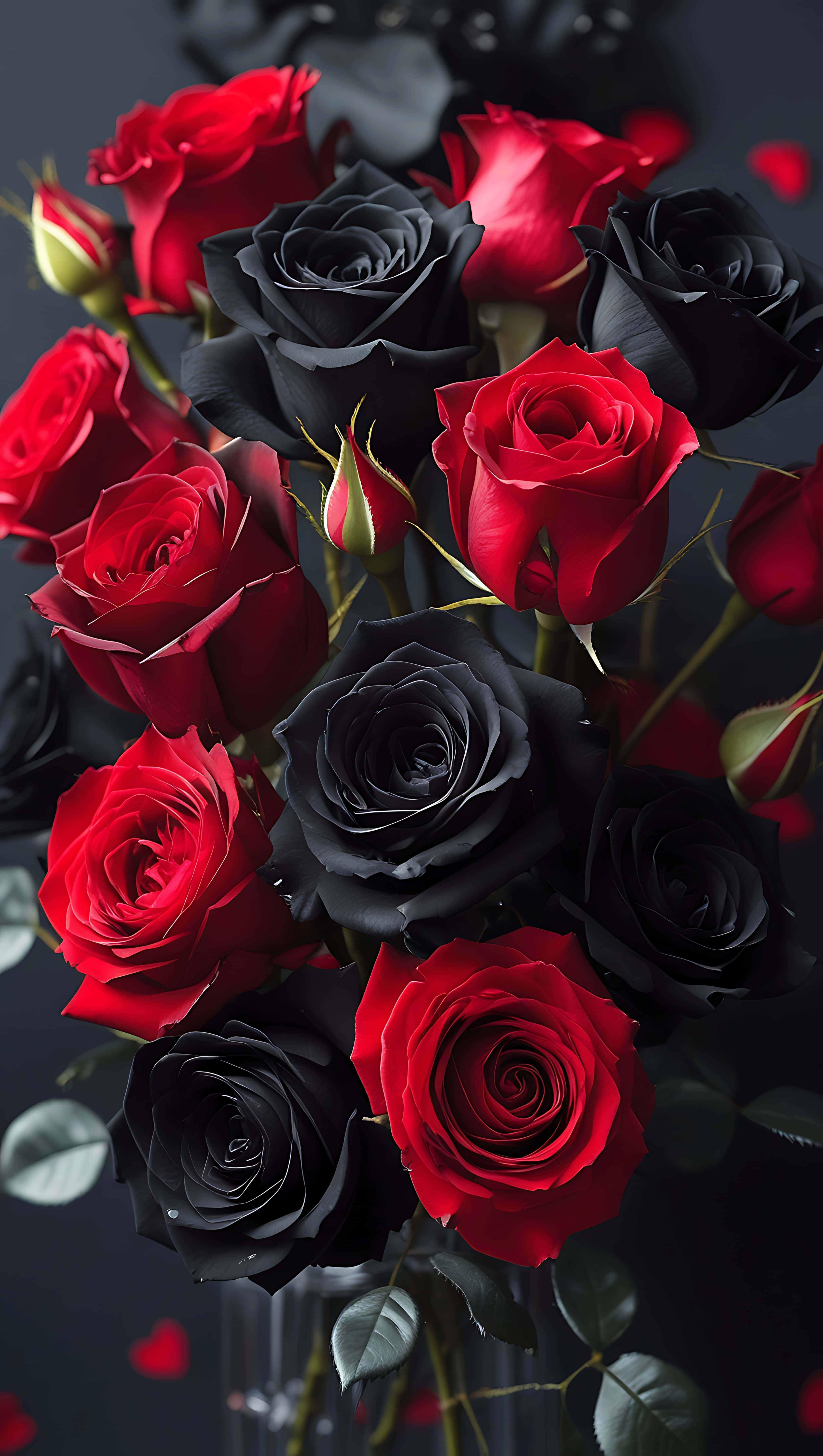 black and red rose mix, vibrant red roses, deep black roses, 5K Phone Wallpaper