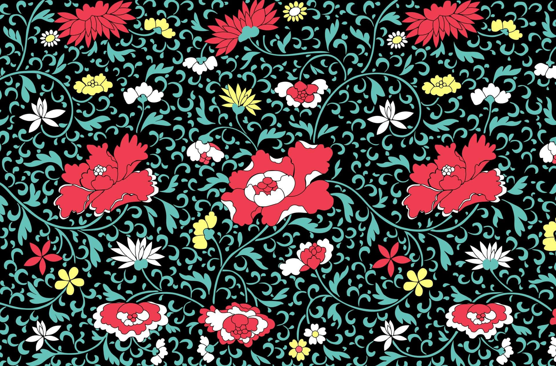 floral art, red white and yellow flowers, teal vines, Full HD Desktop Wallpaper