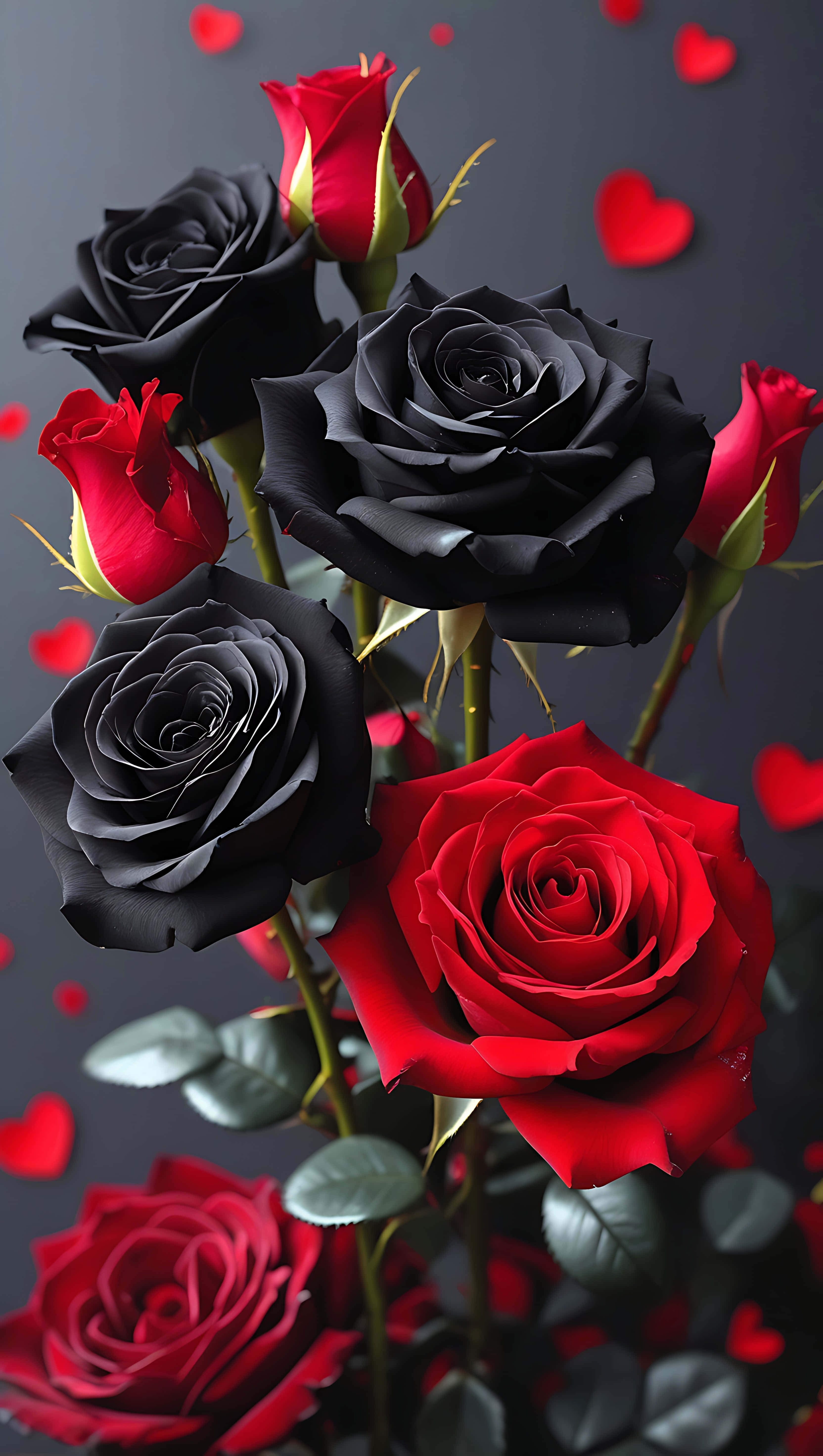 black and red rose mix, vibrant red roses, deep black roses, 5K Phone Wallpaper