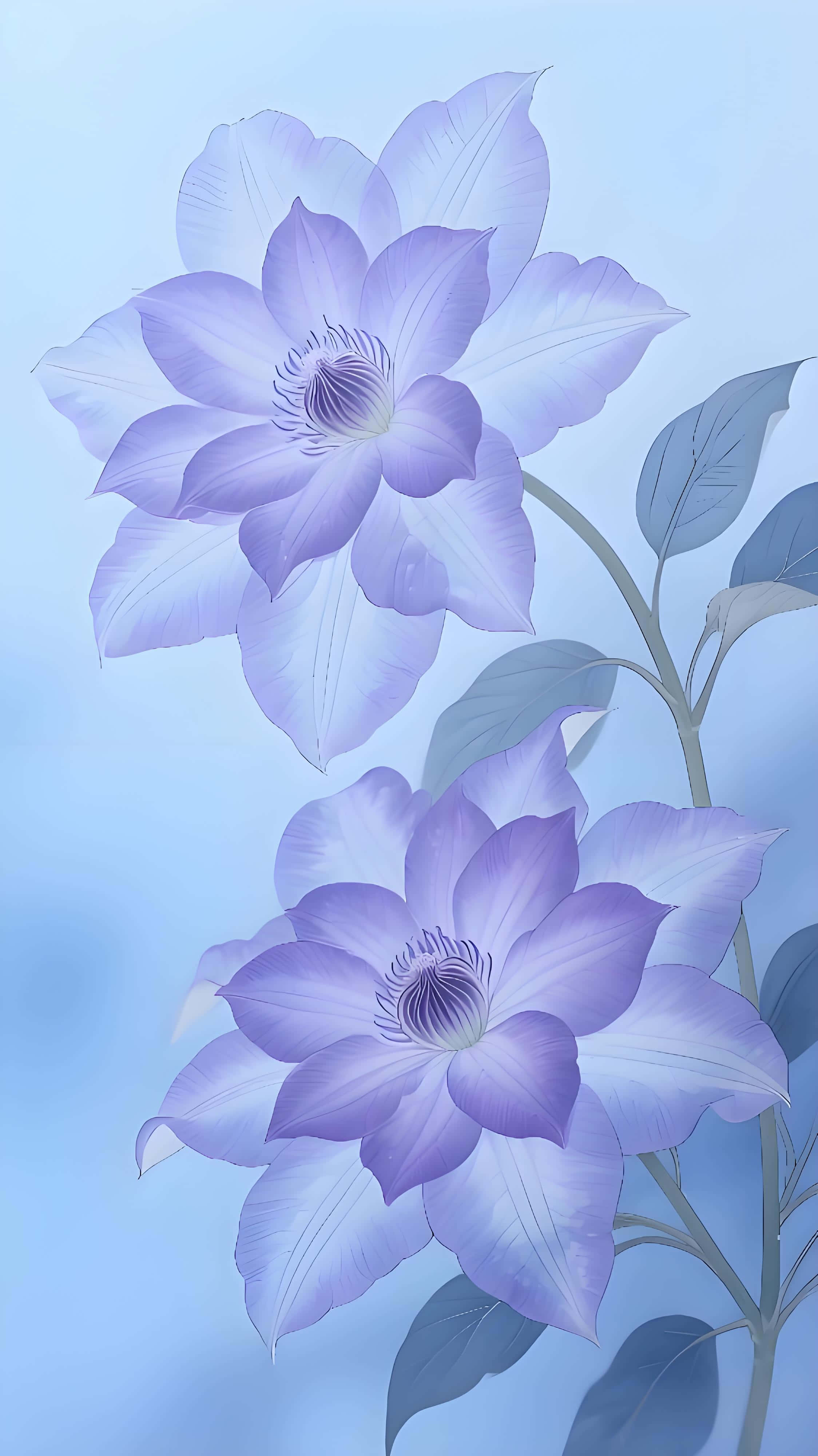 light blue purple clematis, lavender clematis flowers, layered petals, 4K Phone Wallpaper