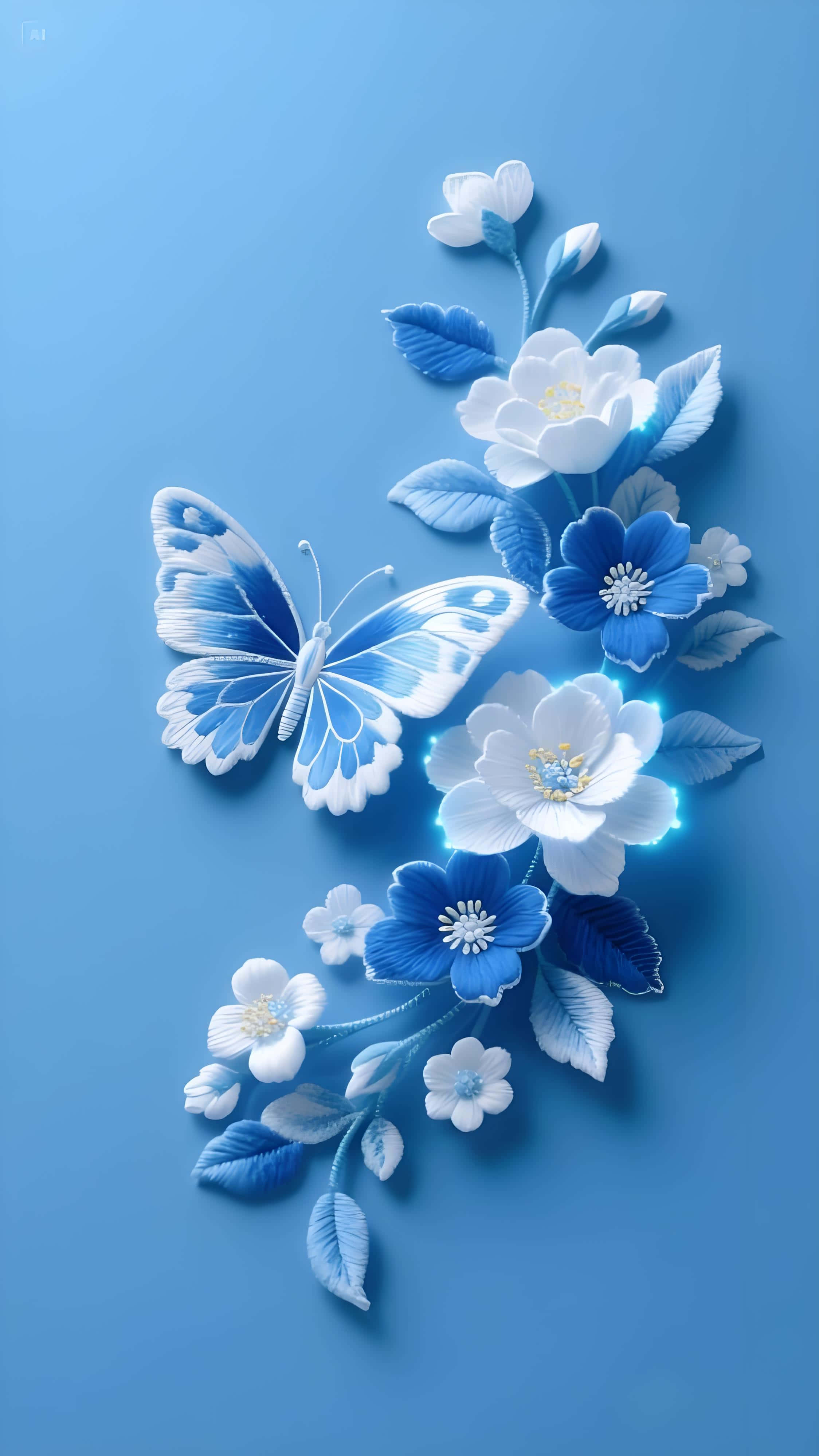 blue butterfly, 3d paper-cut style, floral arrangement, 4K Phone Wallpaper