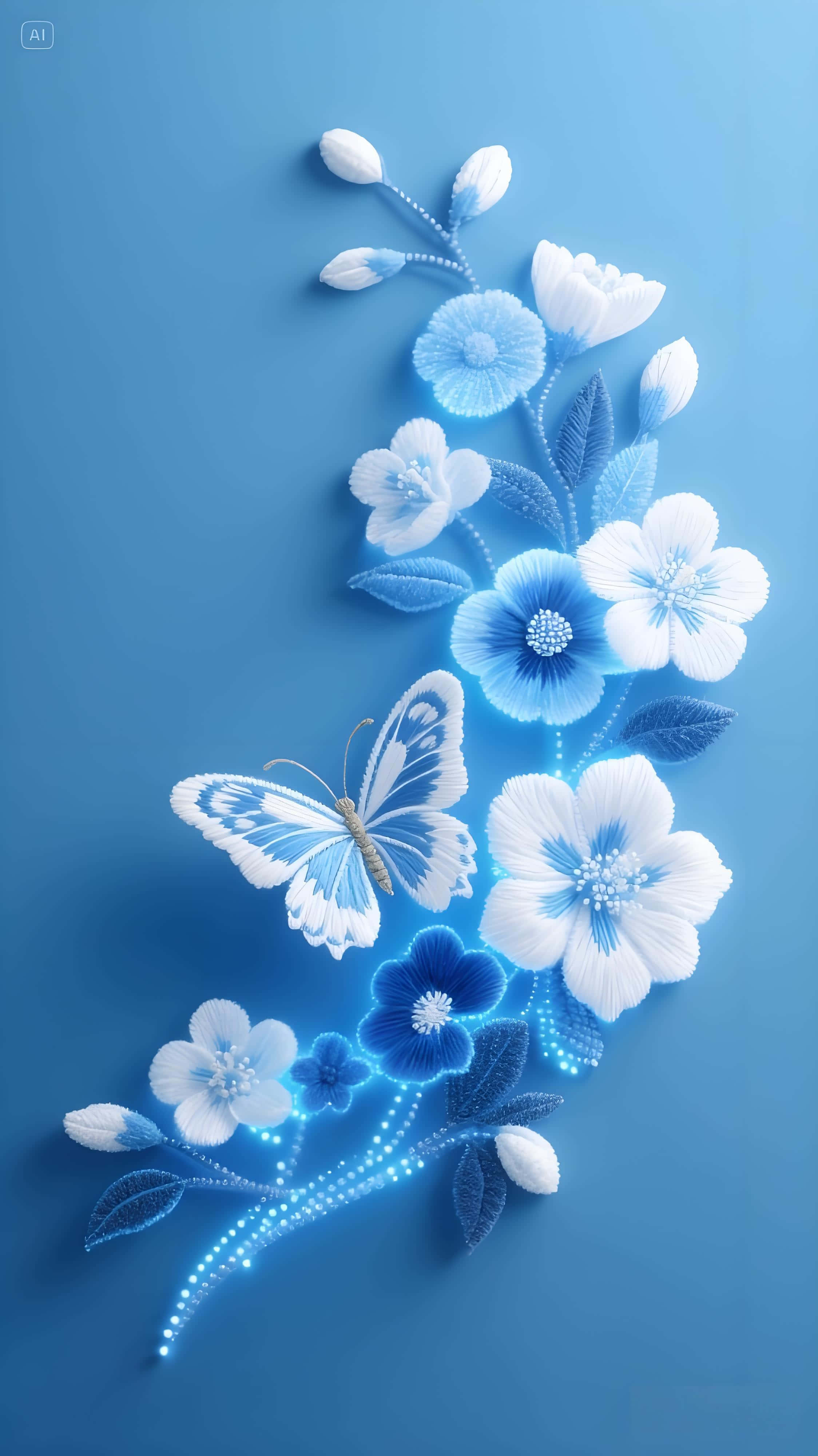 blue butterfly, glowing blue and white floral arrangement, diagonally floating, 4K Phone Wallpaper