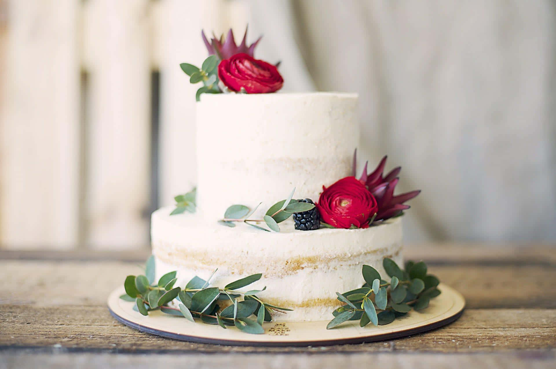 floral cake, two-tiered white cake, red flowers, Full HD Desktop Wallpaper