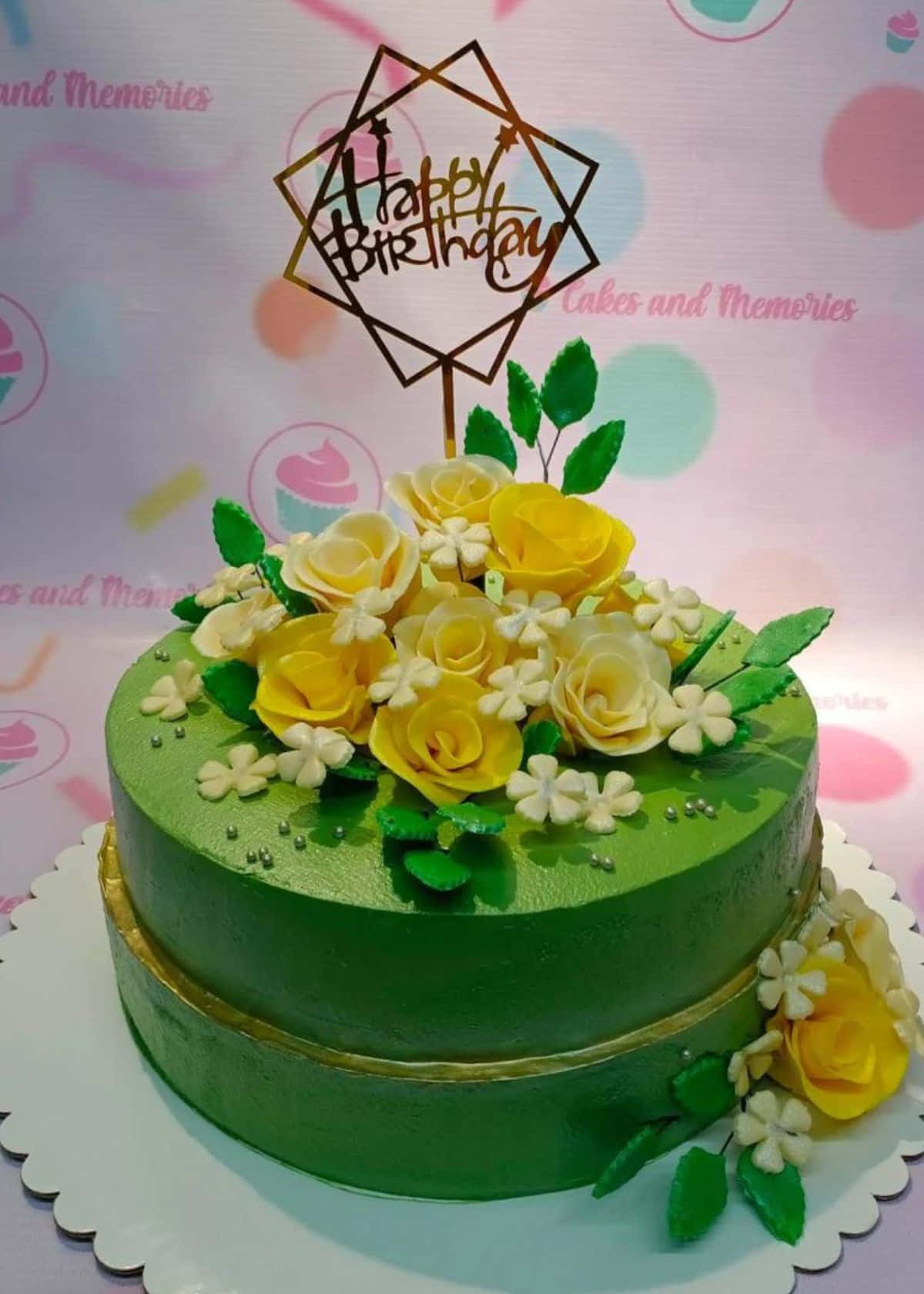 floral cake, vibrant green frosted birthday cake, yellow roses, HD Phone Wallpaper
