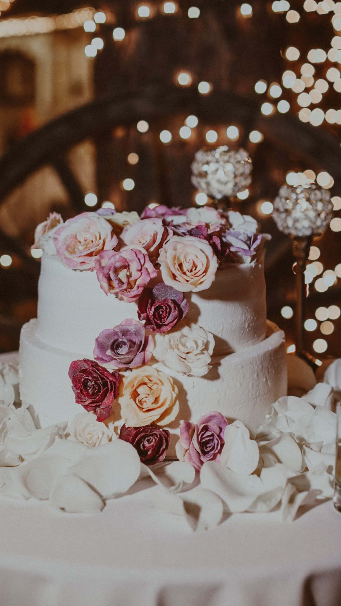 floral cake, two-tiered white wedding cake, pink purple and cream roses, 2K Phone Wallpaper