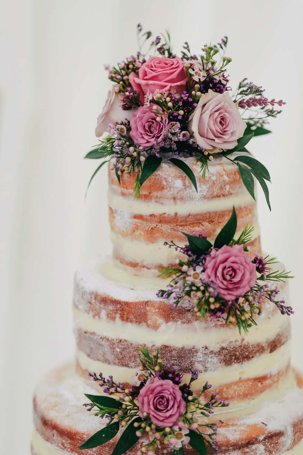 Floral Cake, three-tiered naked wedding cake, pink roses, HD Phone Wallpaper