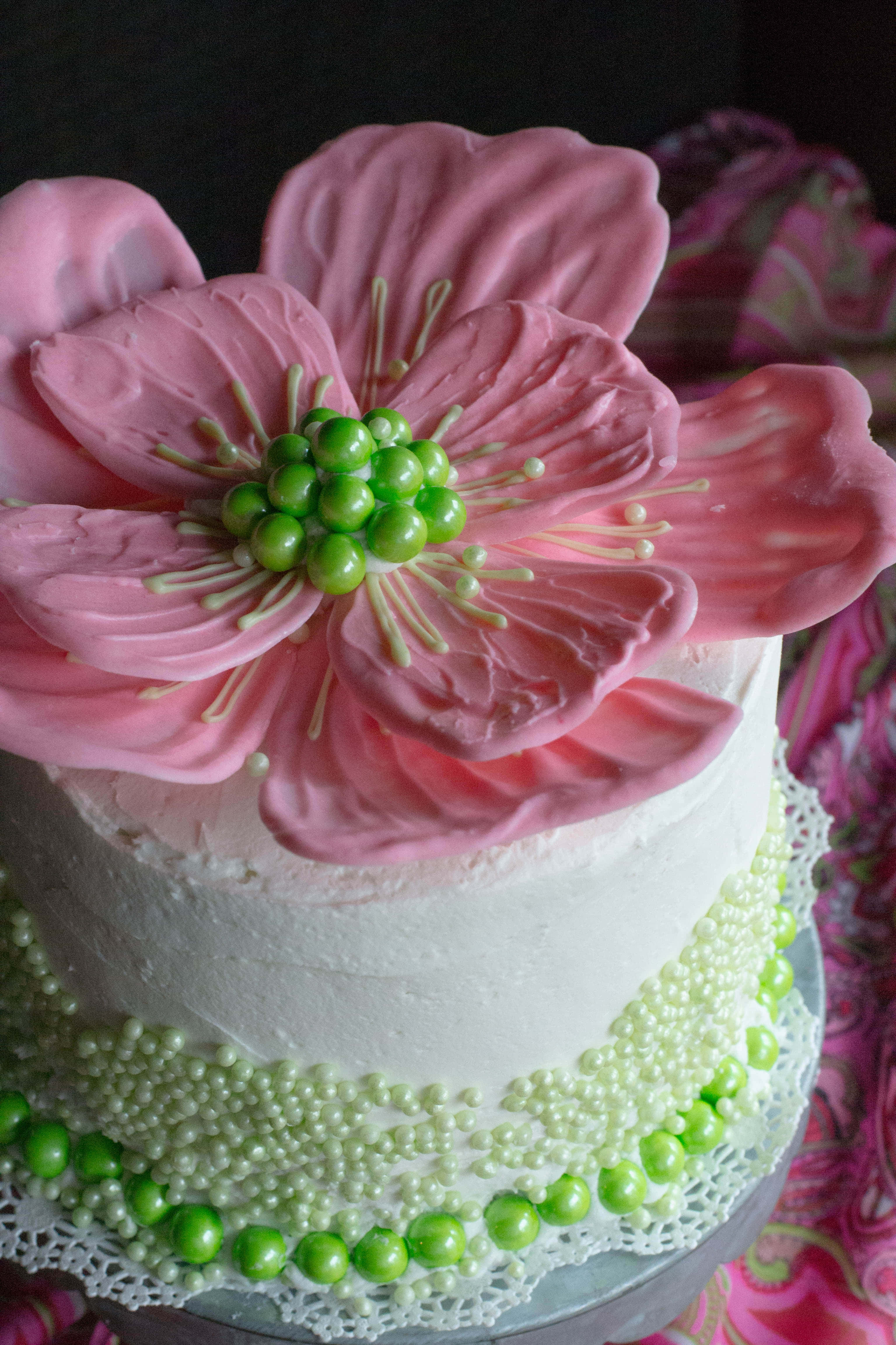 floral cake, white frosted cake, large pink sugar flower, 4K Phone Wallpaper
