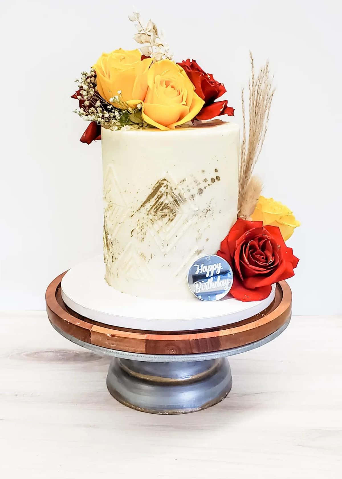 Floral Cake, white birthday cake, yellow and red roses, HD Phone Wallpaper