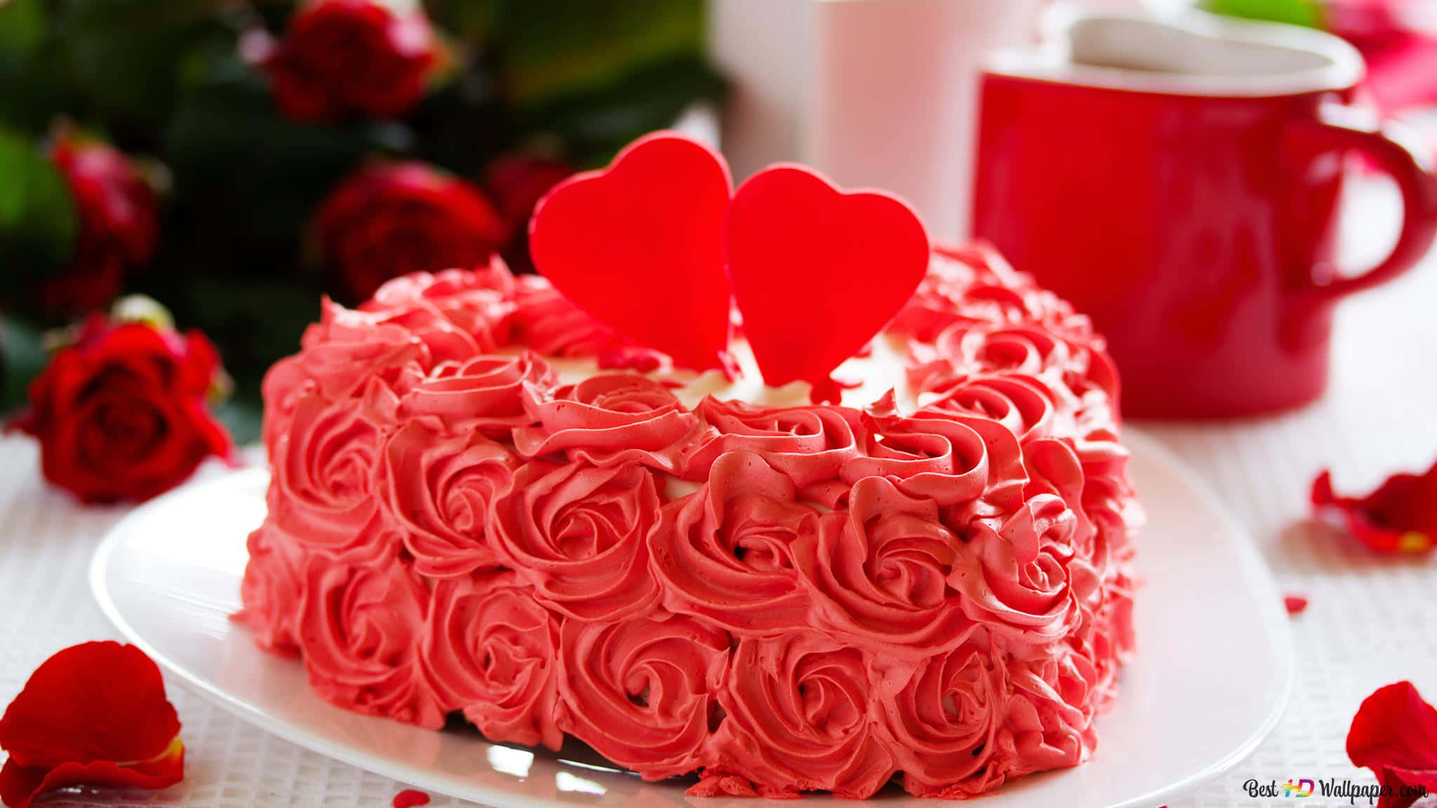 floral cake, red rose-patterned cake, heart toppers, Full HD Desktop Wallpaper