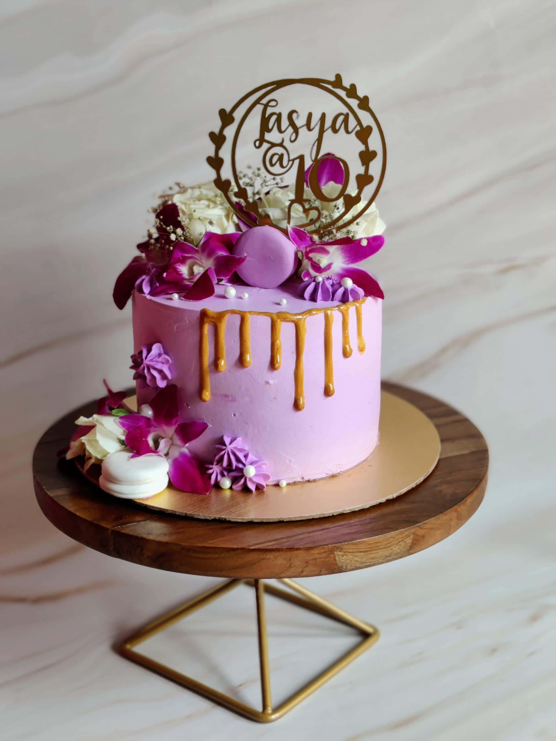 floral cake, lavender cake, caramel drips, 2K Phone Wallpaper