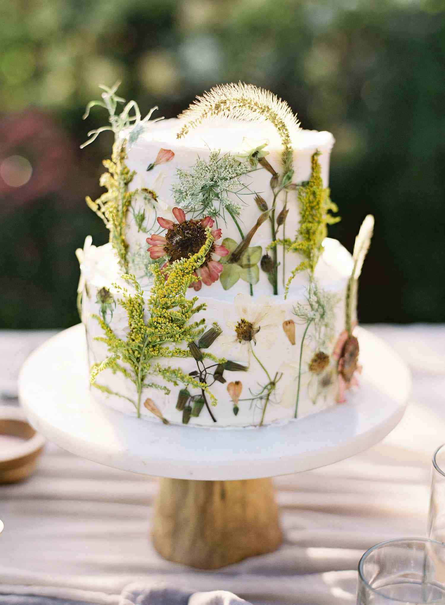 Floral Cake, two-tiered white wedding cake, pressed wildflowers, Full HD Phone Wallpaper