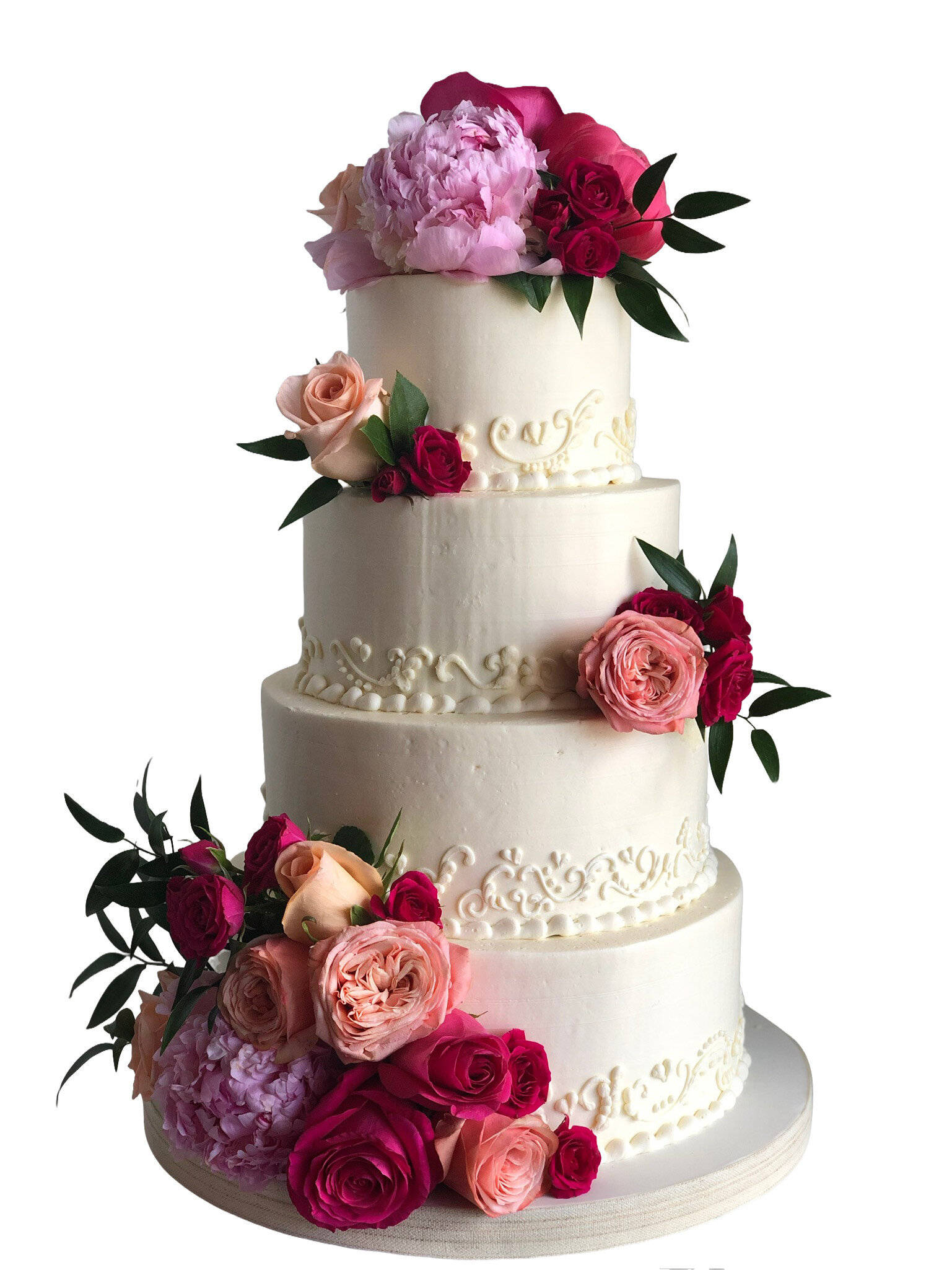 four-tiered white wedding cake, pink and red roses, green leaves, Full HD Phone Wallpaper