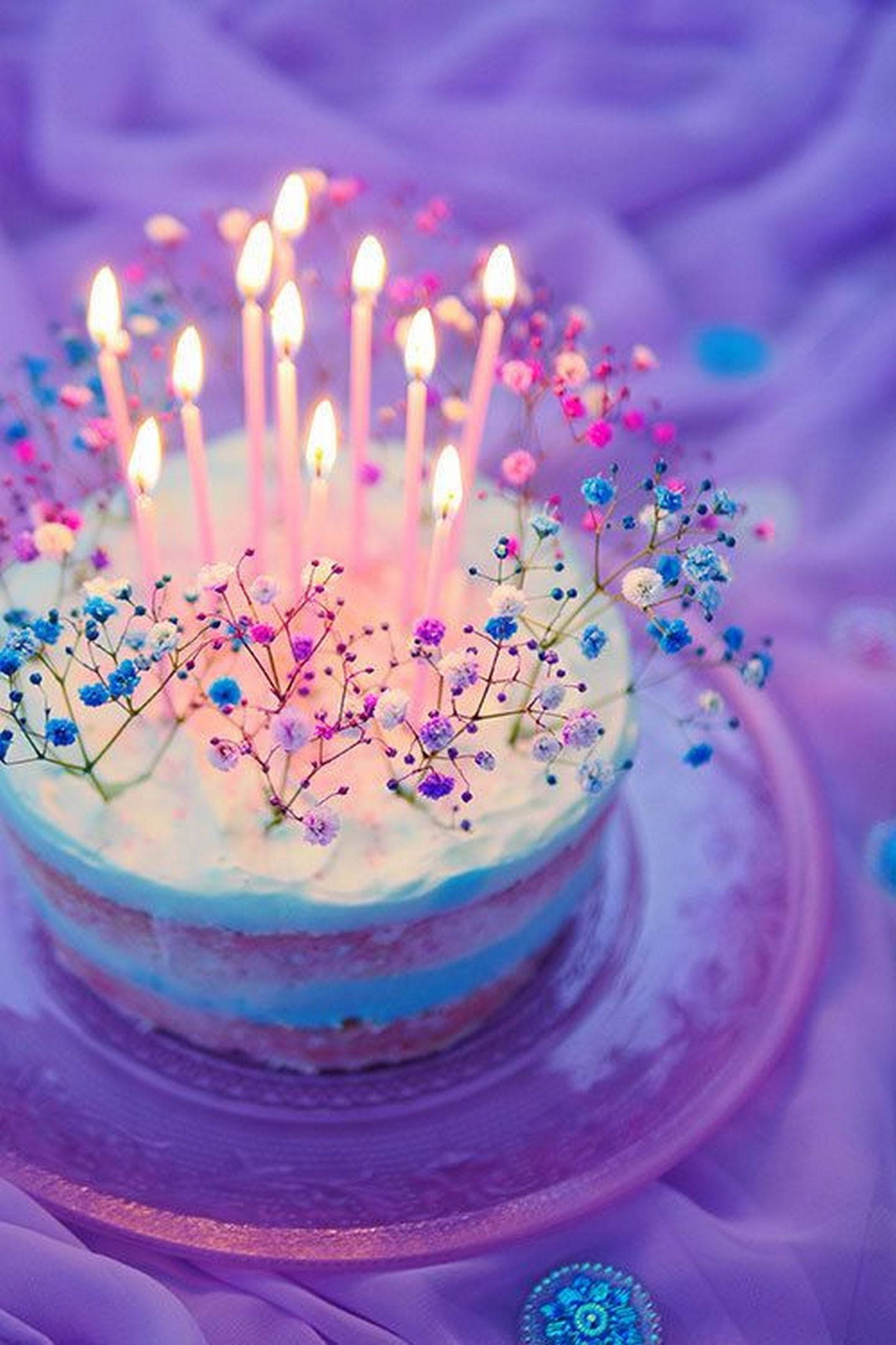 purple my birthday cake, glowing candles, pastel baby's breath flowers, Full HD Phone Wallpaper