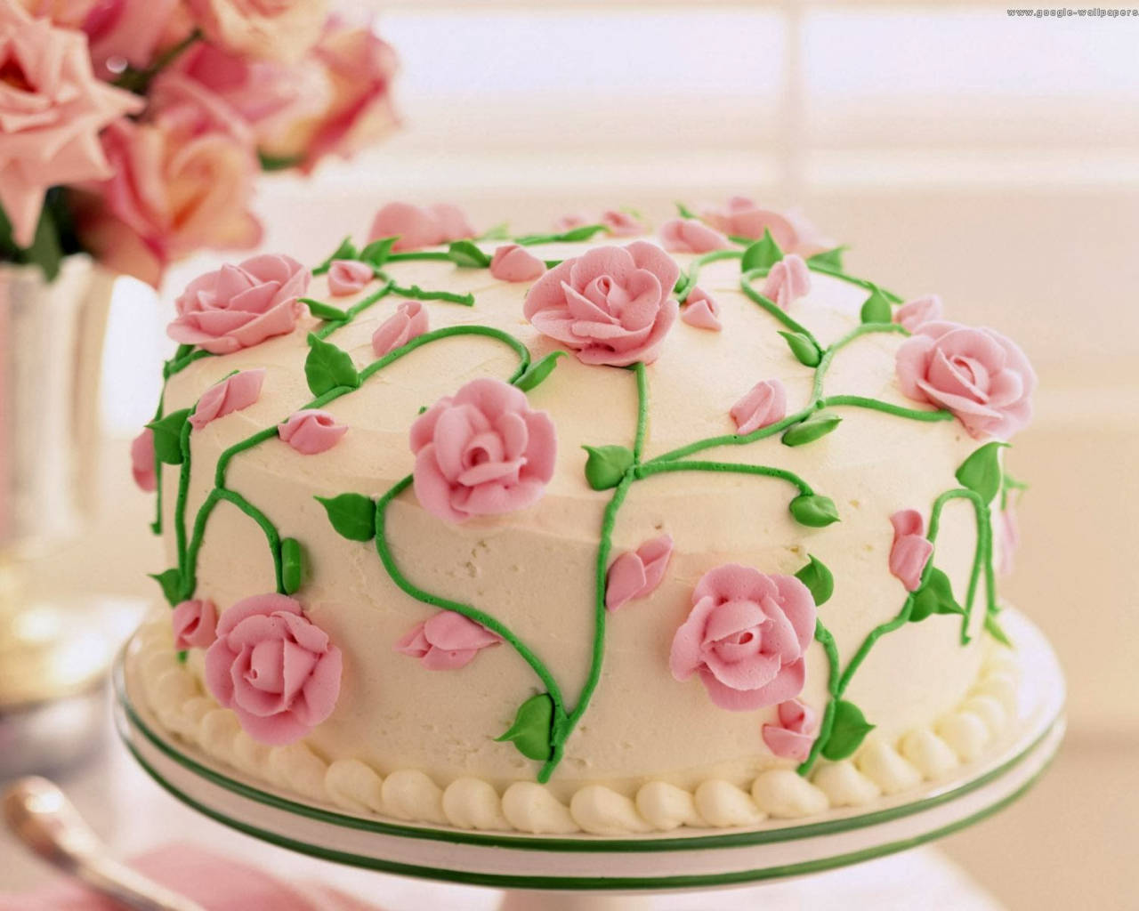 rose, happy birthday flower cake, pink roses, HD Desktop Wallpaper