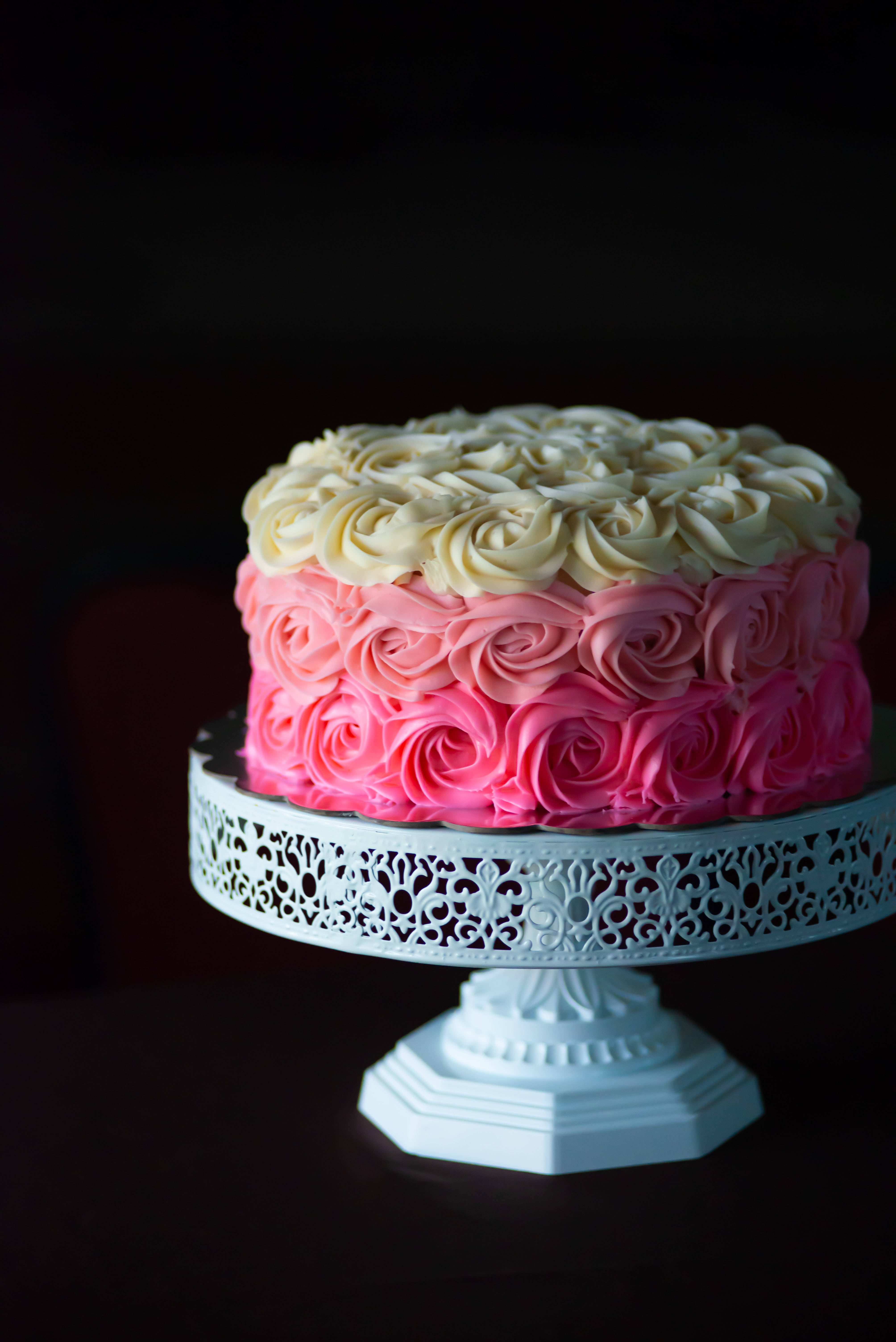 pink and white rosette cake, buttercream roses, white ornate cake stand, 5K Phone Wallpaper