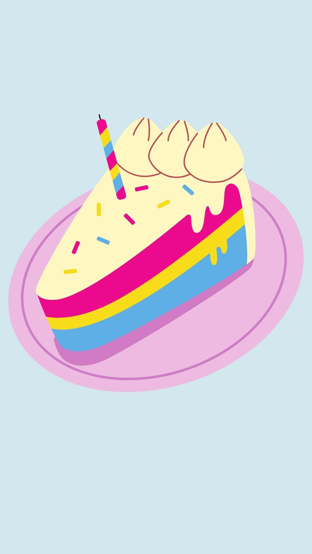 rainbow-layered birthday cake, striped candle, pink plate, Full HD Phone Wallpaper