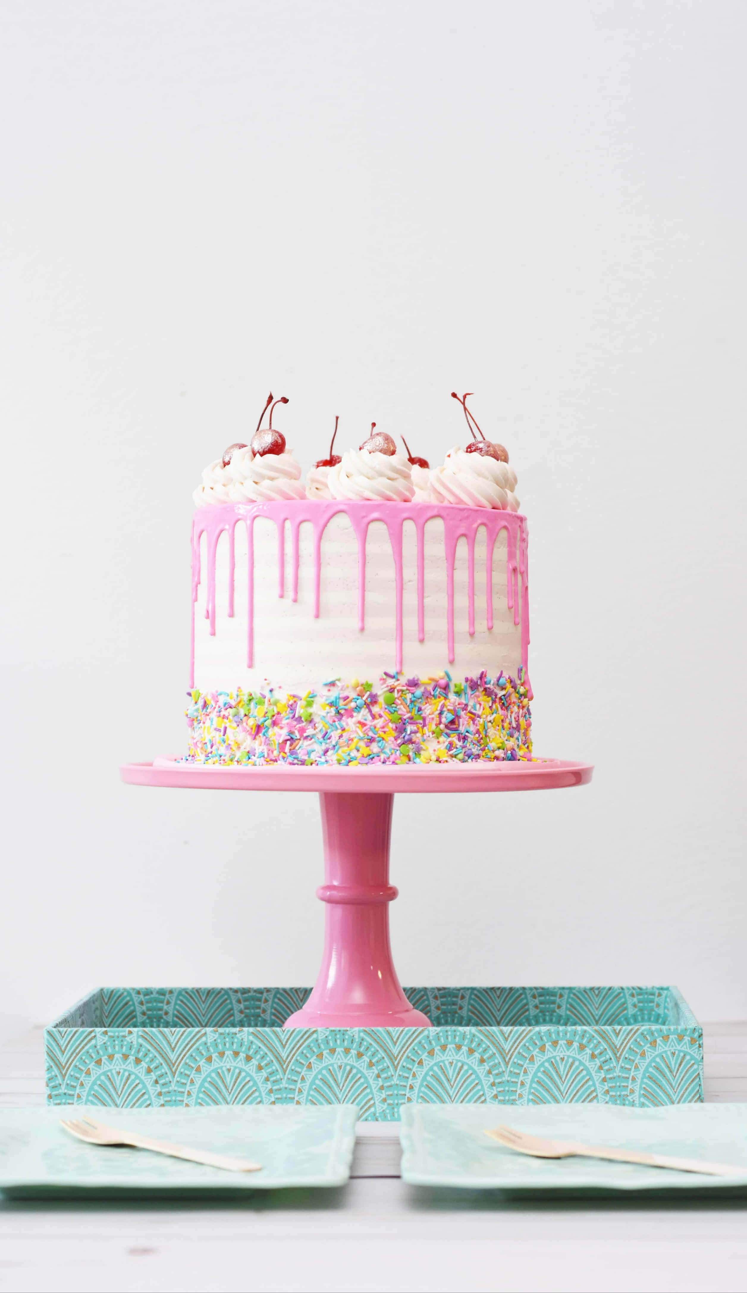cake fondant, pink drip cake, colorful sprinkles, 4K Phone Wallpaper