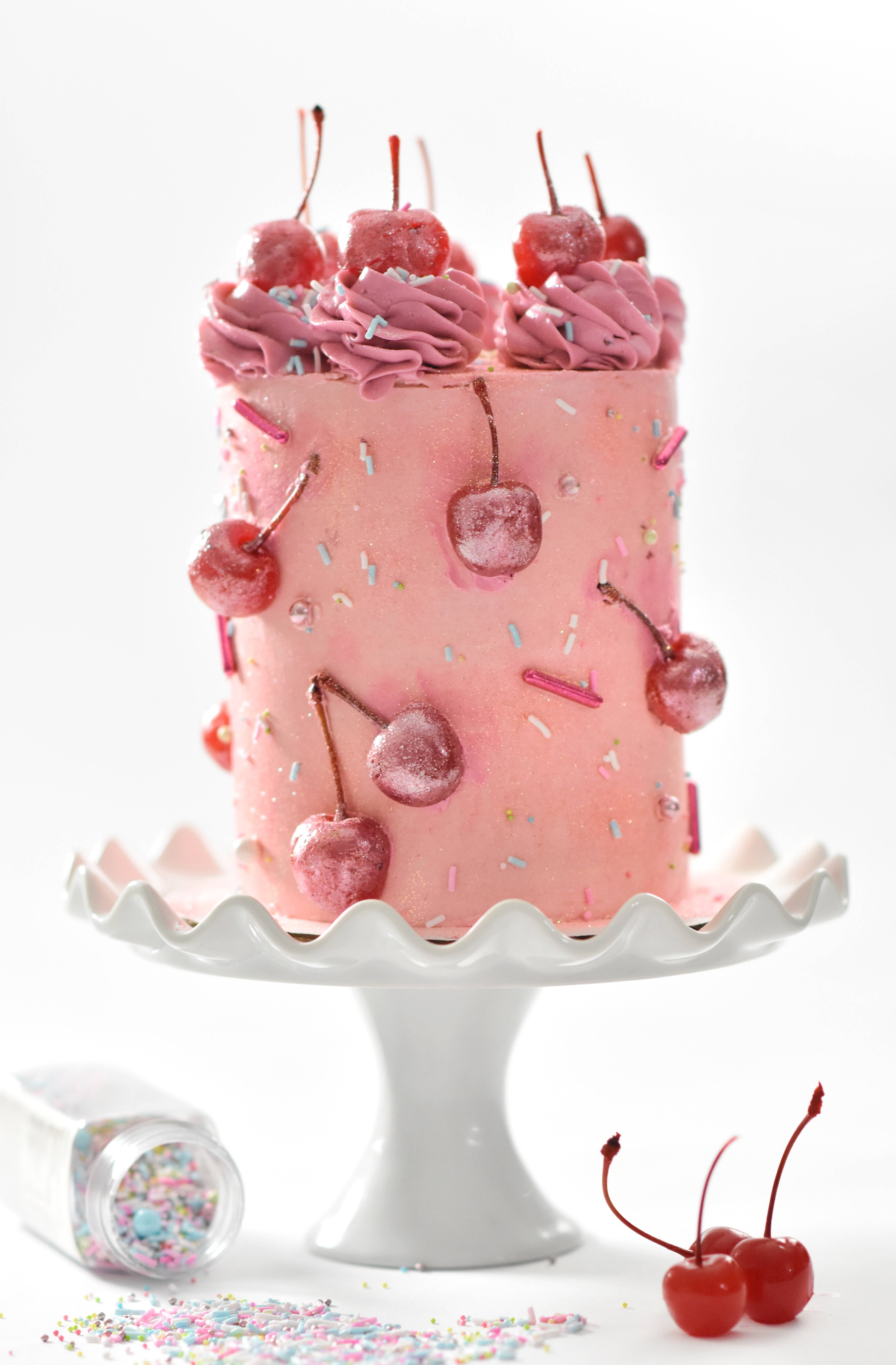 pink cherry cake, vibrant pink frosted cake, glossy cherries, 5K Phone Wallpaper