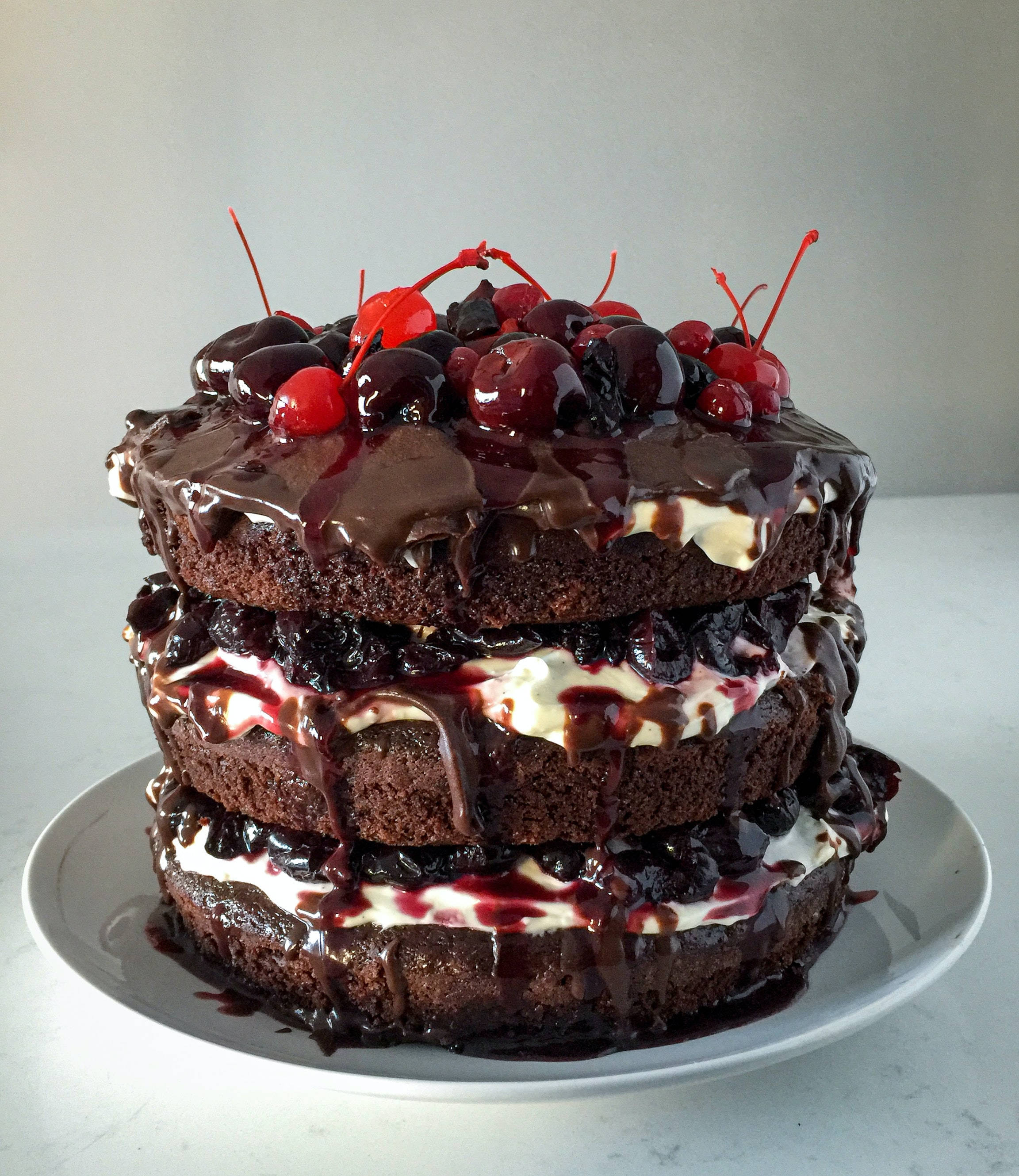 black forest cake, three-tiered chocolate cake, glossy chocolate sauce, 2K Phone Wallpaper