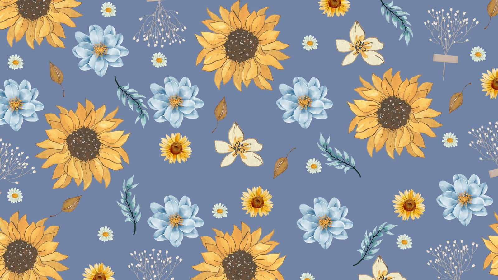 floral computer, sunflowers, blue blossoms, HD Desktop Wallpaper