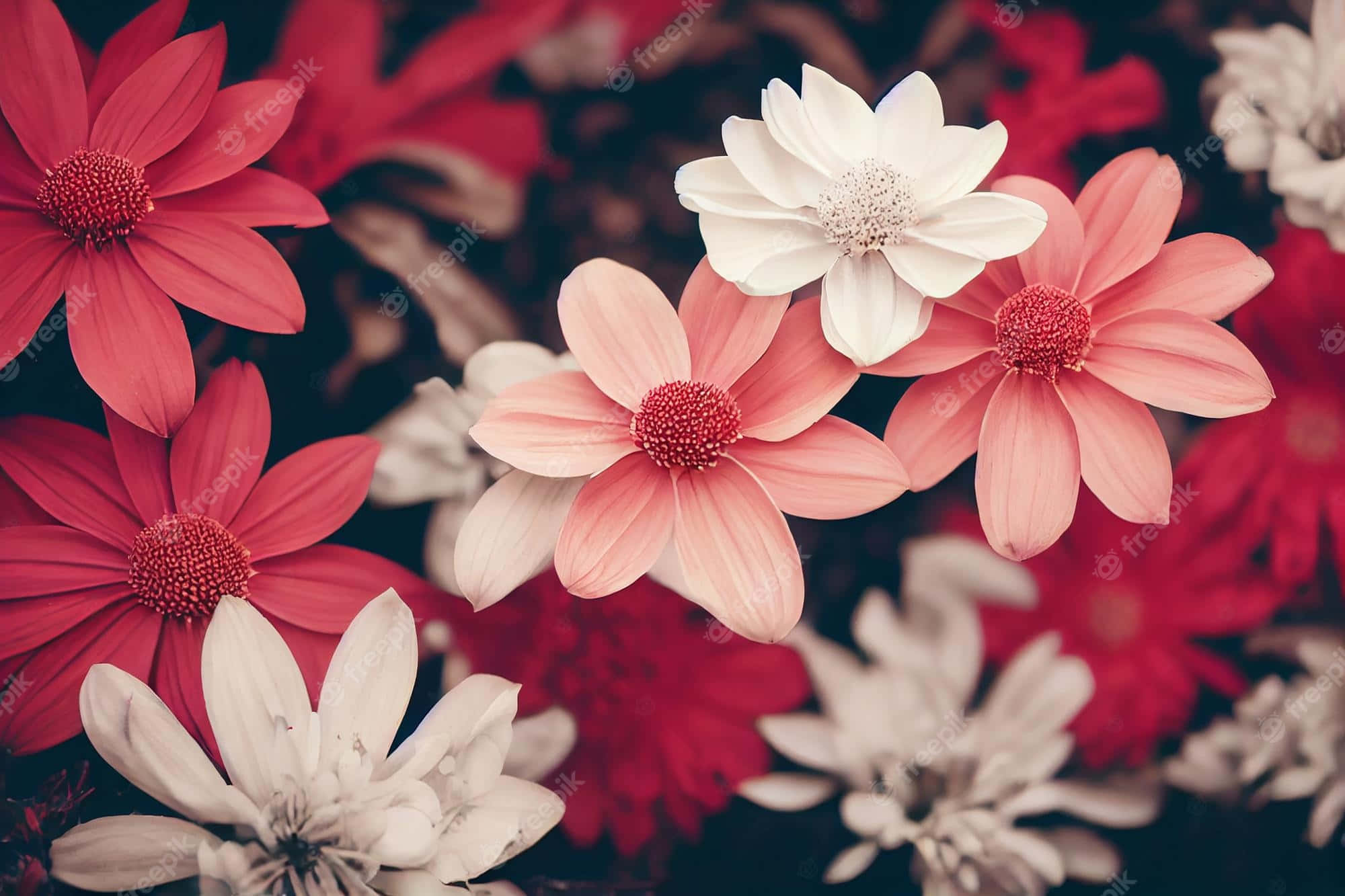 Floral Computer, vibrant red pink and white daisies, soft focus, Full HD Desktop Wallpaper