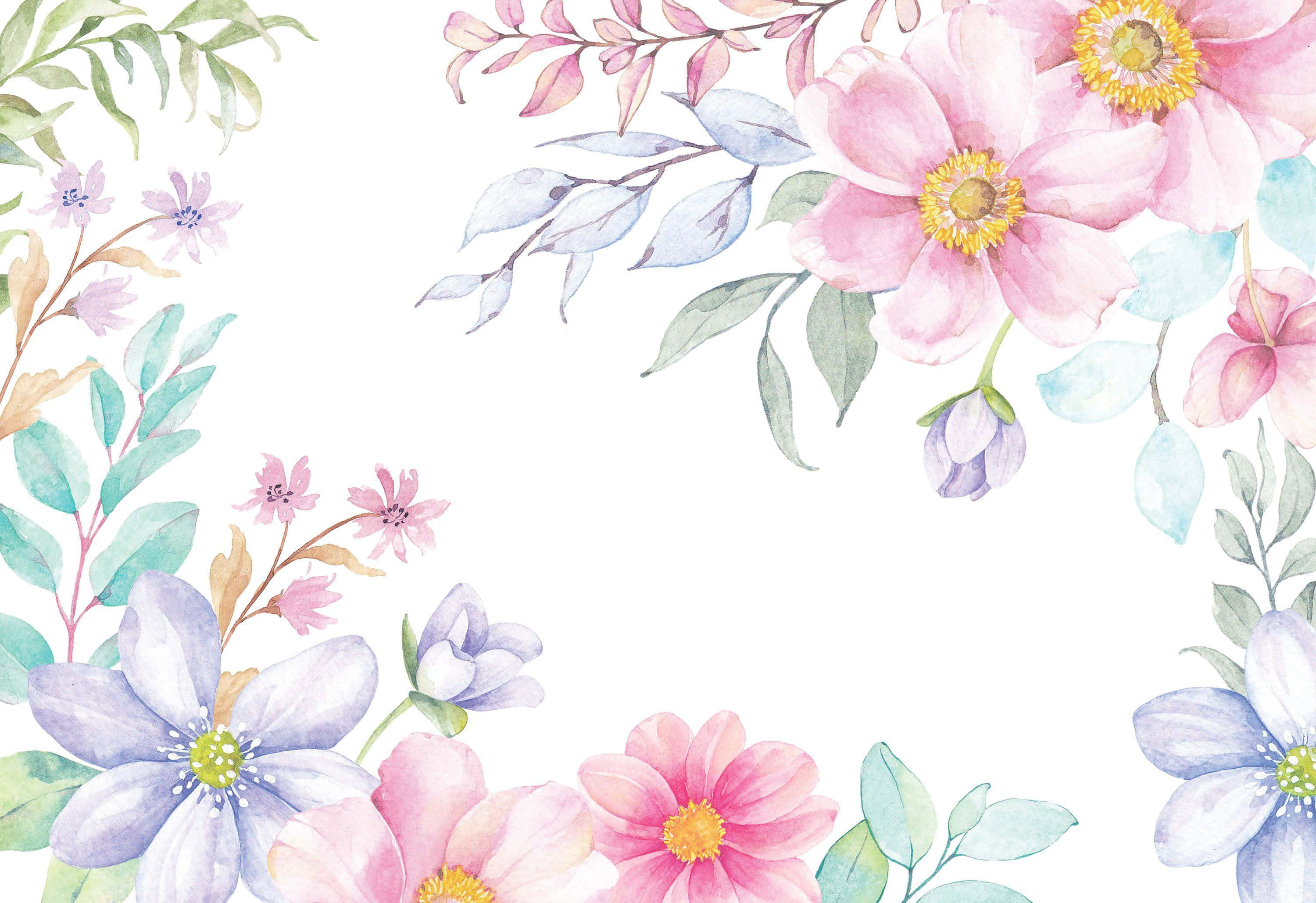 watercolor floral border, pink purple and blue blossoms, green leaves, 2K Desktop Wallpaper