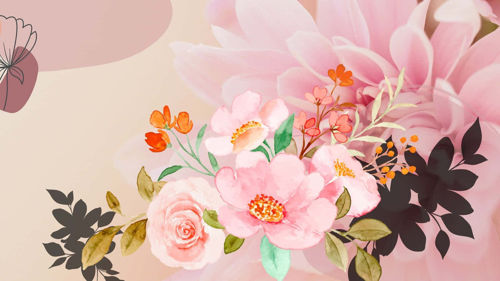 floral computer, pink peonies, orange blossoms, HD Desktop Wallpaper