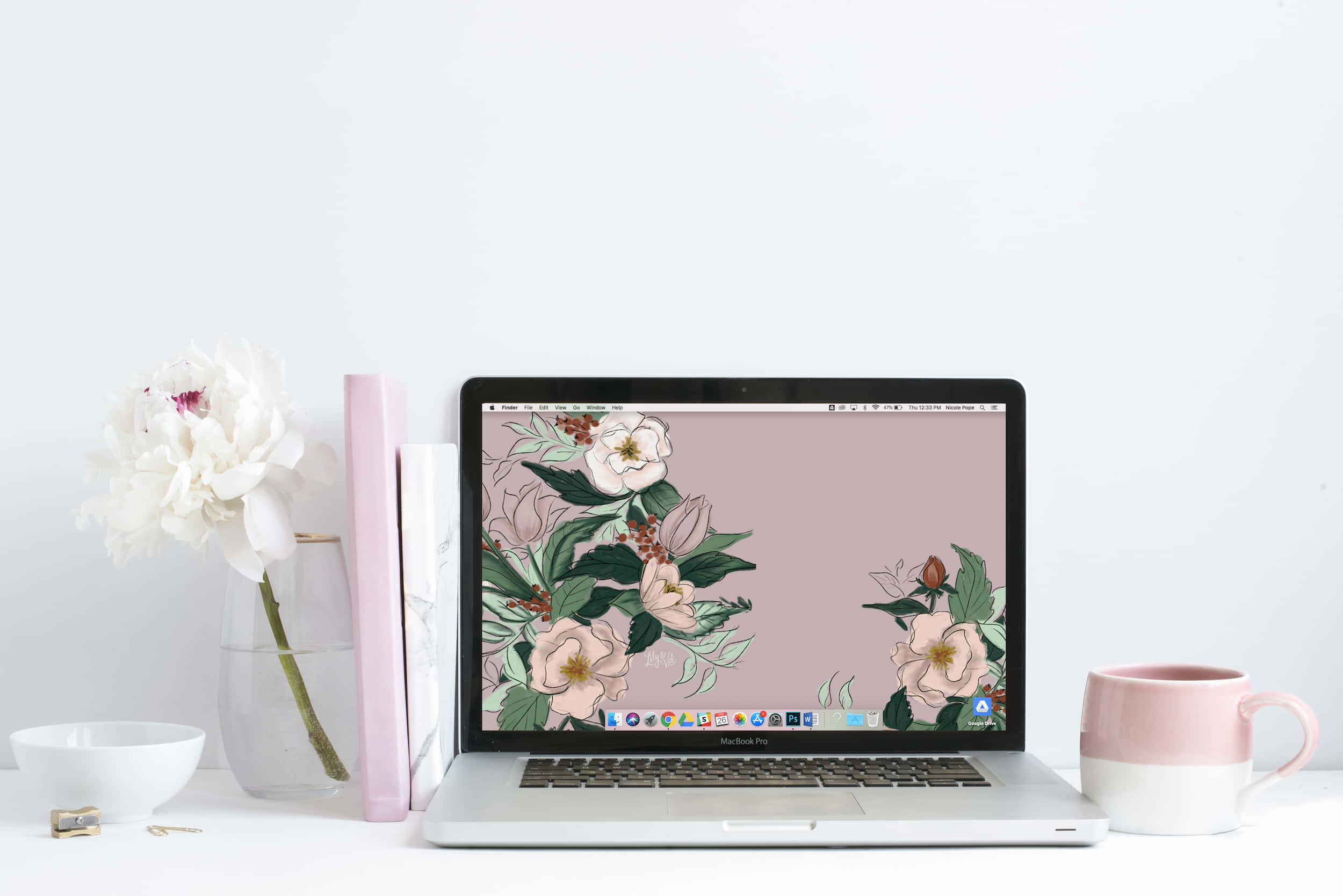 Floral Computer, silver laptop, pink and white blossoms, Full HD Desktop Wallpaper