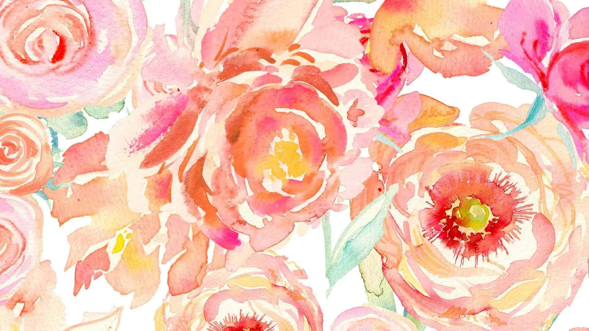 floral computer, watercolor flowers, soft pinks, Full HD Desktop Wallpaper