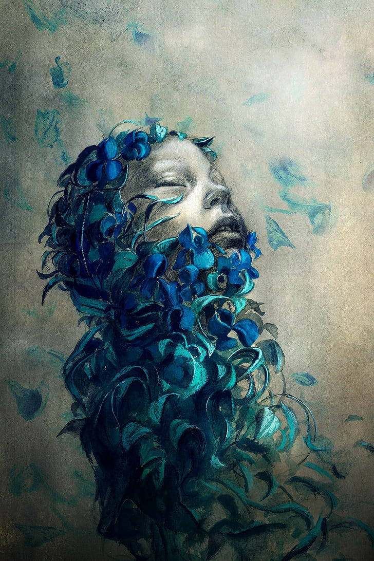 blue flower, woman, swirling blue flowers, SD Phone Wallpaper