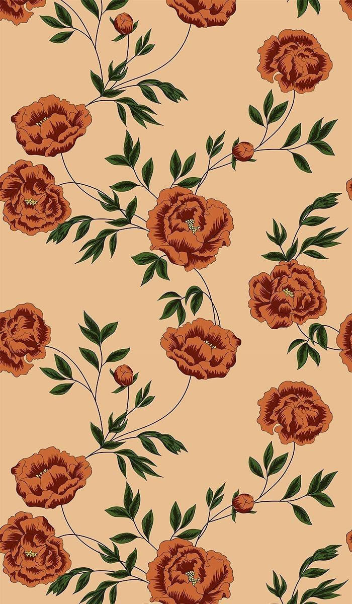 orange floral, dark orange floral pattern, beige background, SD Phone Wallpaper