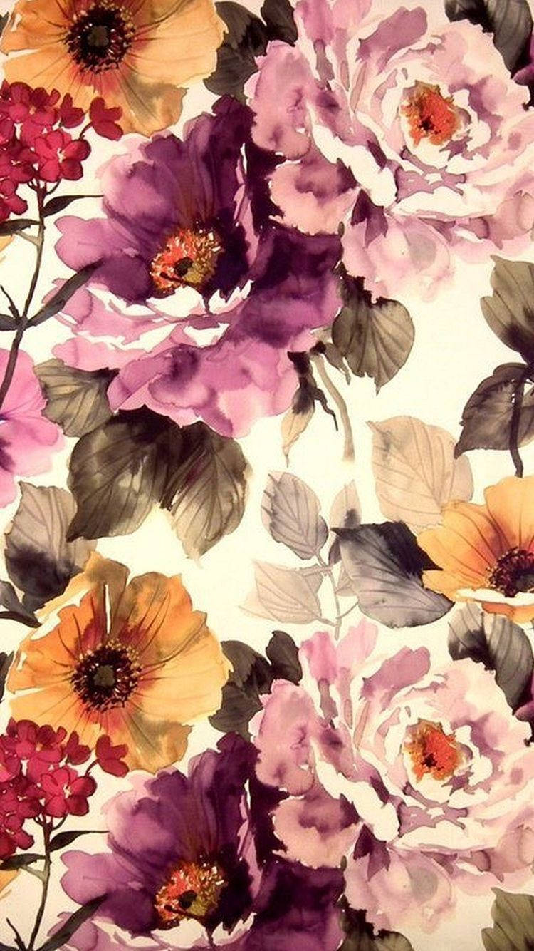purple watercolour floral iPhone, vibrant watercolor flowers, purple pink and orange, HD Phone Wallpaper