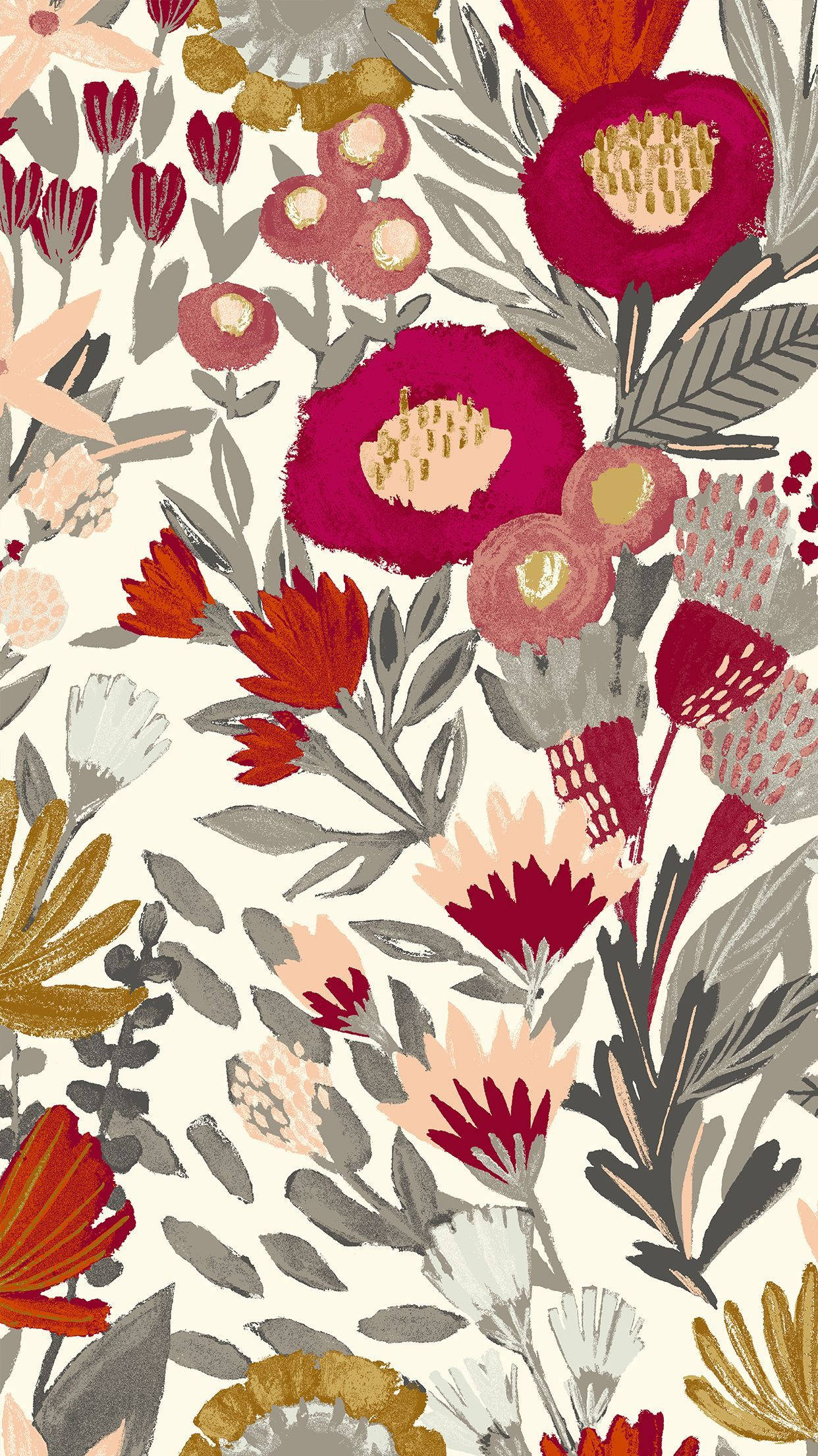 Floral iPhone, red, gold, Full HD Phone Wallpaper