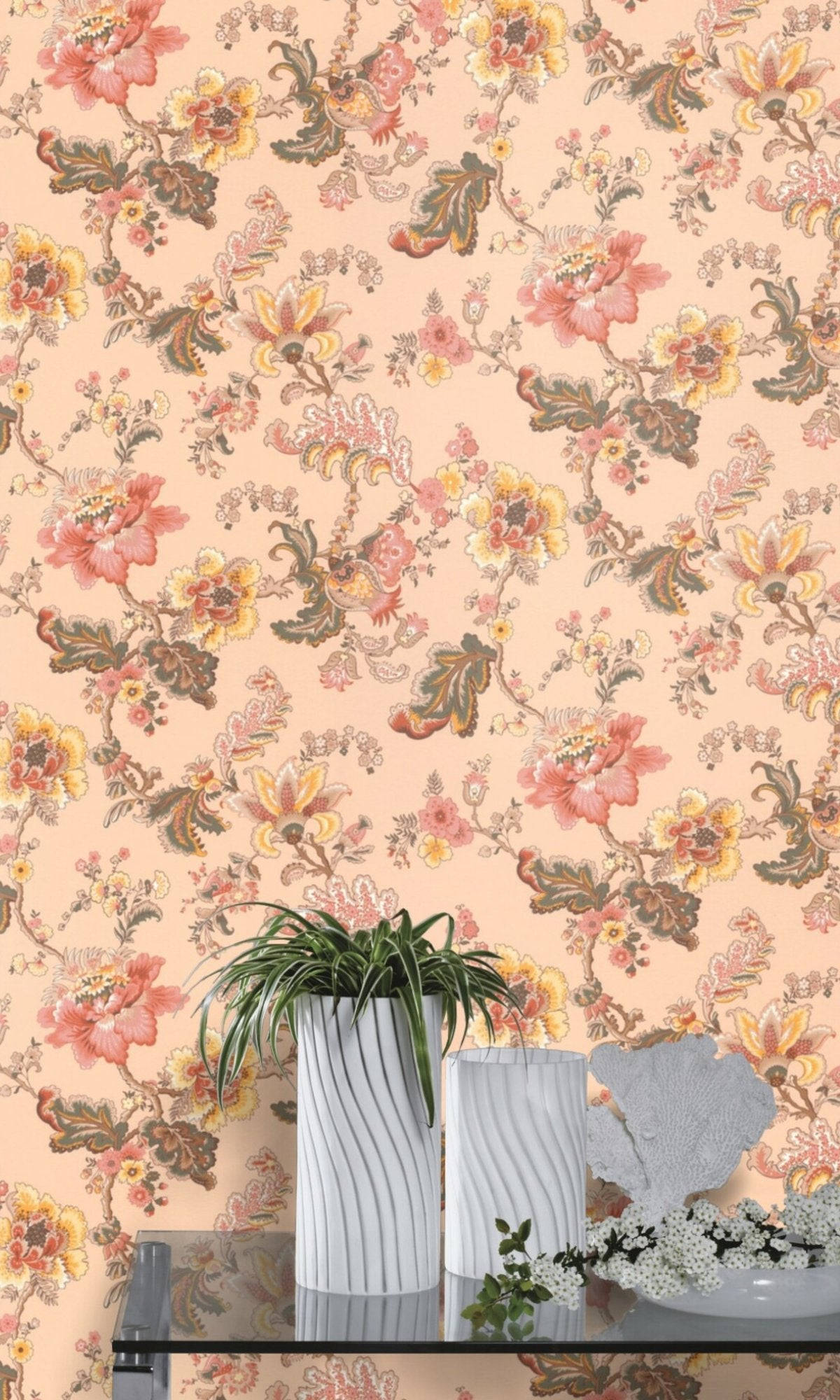 vintage floral wallpaper, pink yellow and brown blooms, glass shelf, Full HD Phone Wallpaper